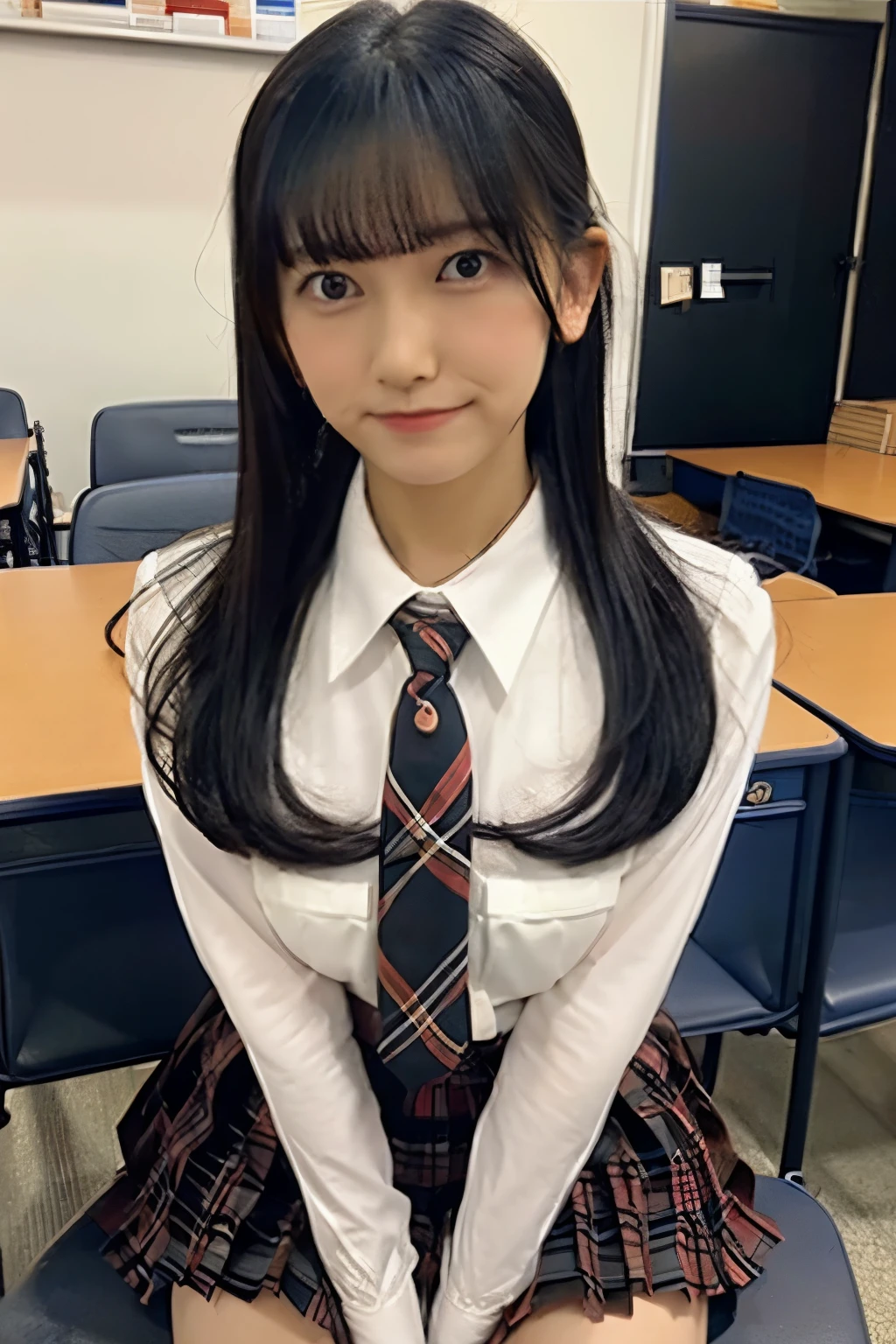 Black Hair、With bangs、Big Breasts、Sexy body、Red tie、White Shirt、Plaid pleated skirt、sitting on desk、In the classroom of the school