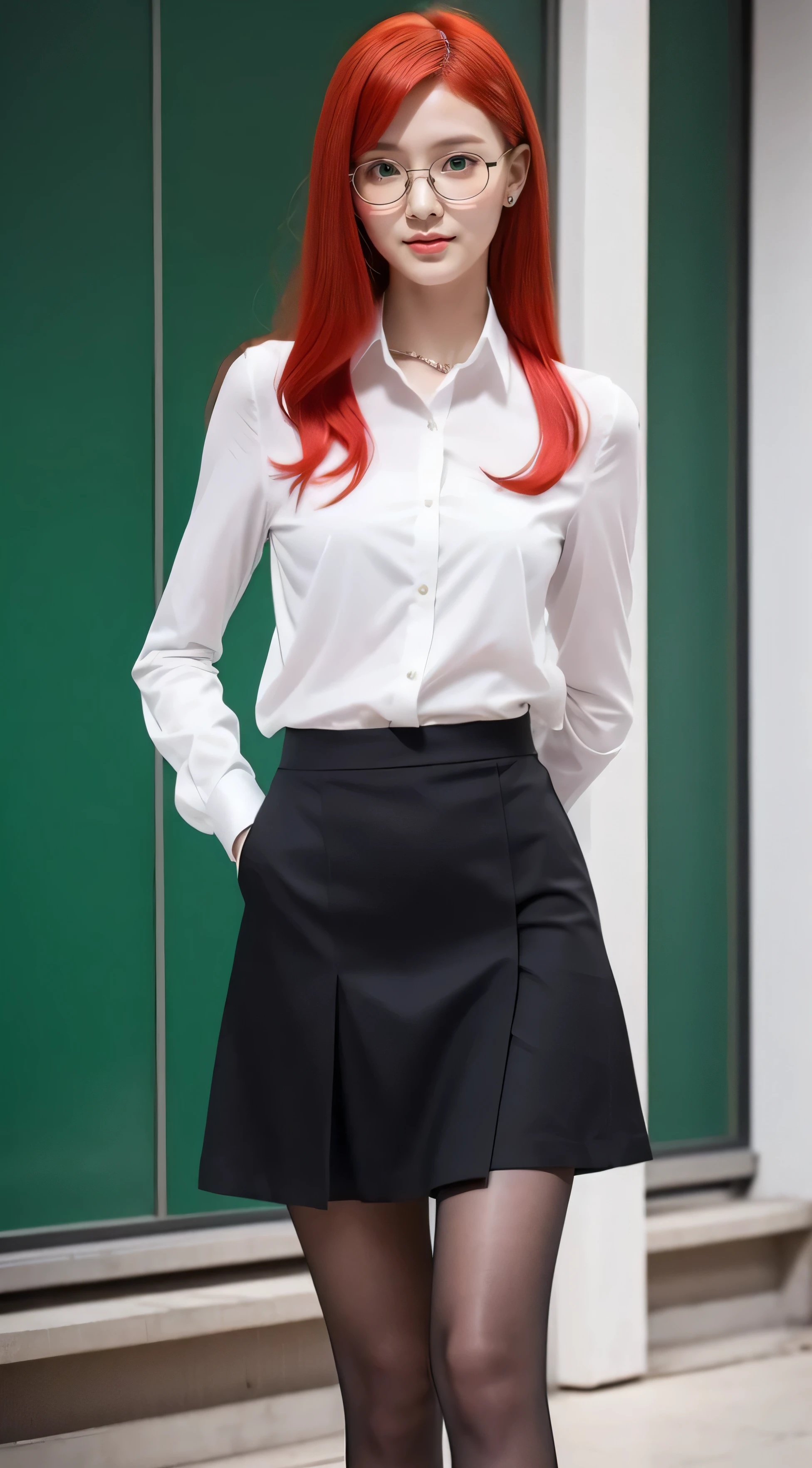 Pretty and shy girl with red hair, green eyes, dark skin color and a slender body. She is a secretary for a company and dresses in a white long-sleeved button-down blouse and a tight black skirt with pointed heels, showing off her slender legs along with glasses for vision that make her look at things better while looking shy 