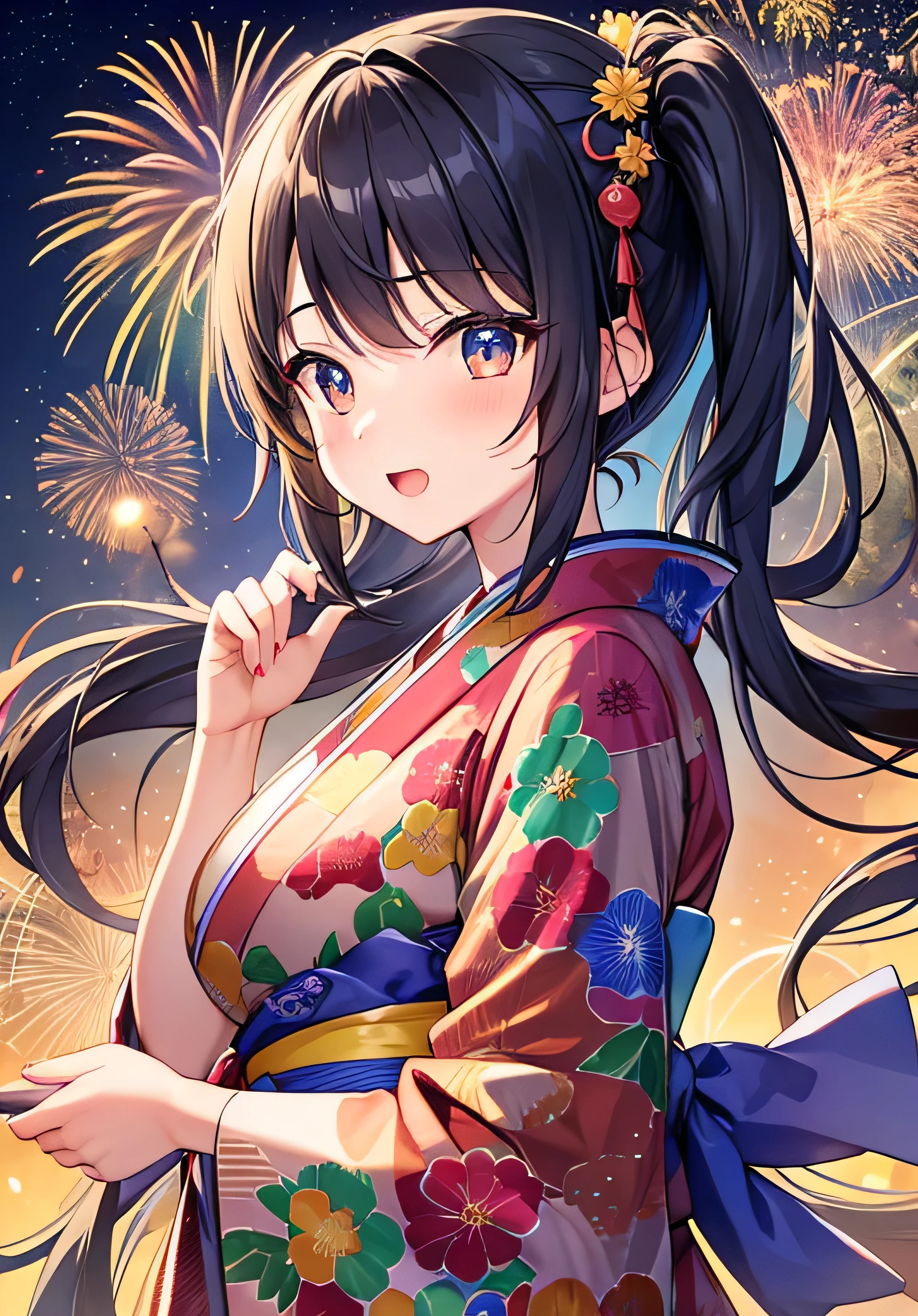 masterpiece、Highest quality、Ultra-high resolution、age girl with big breasts、twin tail hairstyle、black hair、Red face、shyly、open your mouth just a little、kimono、fireworks、at night time