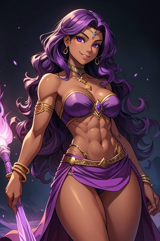 (best quality:1.3), (4K quality), (Detailed face:1.2), (Detailed eyes:1.2), solo, 1girl, 25 year old woman, sorceress, dark skin, purple hair, wavy hair, long hair, purple eyes, smile, tattoos, (toned body), athletic body, medium breasts, (legs), slim waist, well toned, slender legs, attractive body, perfect shape, (Wearing: purple strapless top, purple mini skirt, pelvic curtain, bracelets), looking at viewer, holding a magical stuff