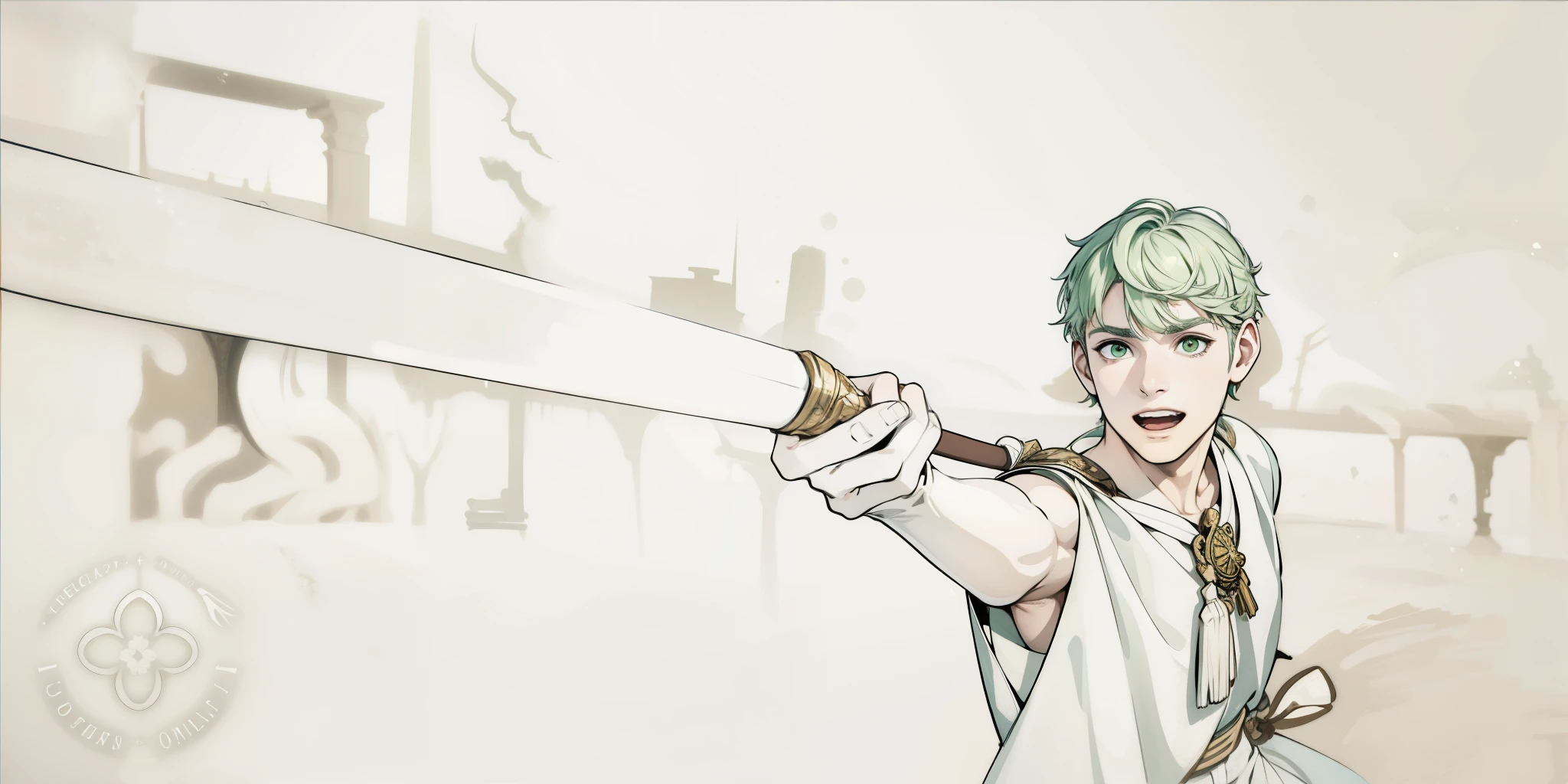 lindo chico de cabello blanco ojos verdes tiene una espada de fondo se ven palacios sumerios y egipcios