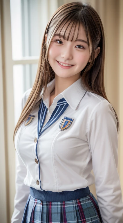 Enhanced Dynamic Perspective,Cute pretty 17 year old beautiful girl,((school uniform, Long sleeve shirt))、Short pleated skirt、Look at me and smile,Simple Background,Masterpieces,high quality,4K resolution,Ultra-fine,More about pubic hair,Accurate,Cinema Lighting,Keep the original face proportions、((Huge breasts))、((Button gap)), Cleavage、