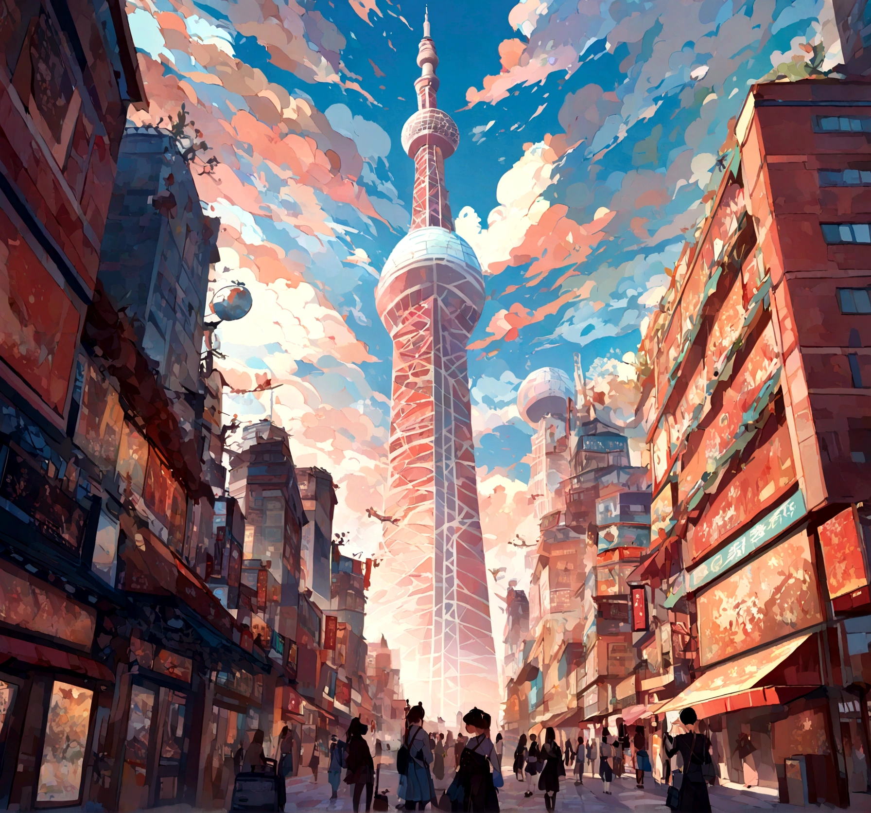 China画, 现代China背景, (Shanghai, China,Oriental Pearl TV Tower:1.4),City high-rise,Xiangyun,Sunlight,Use a psychedelic color scheme,Super detailed illustrations,Light red and sky blue,Imaginary landscape,Psychedelic comics,风景和Ultra HD图像,A view from the street,1.4 times more realism,masterpiece, Super Detail, epic work, Ultra HD, high quality, Extremely detailed, official art, wallpaper,Super Detail