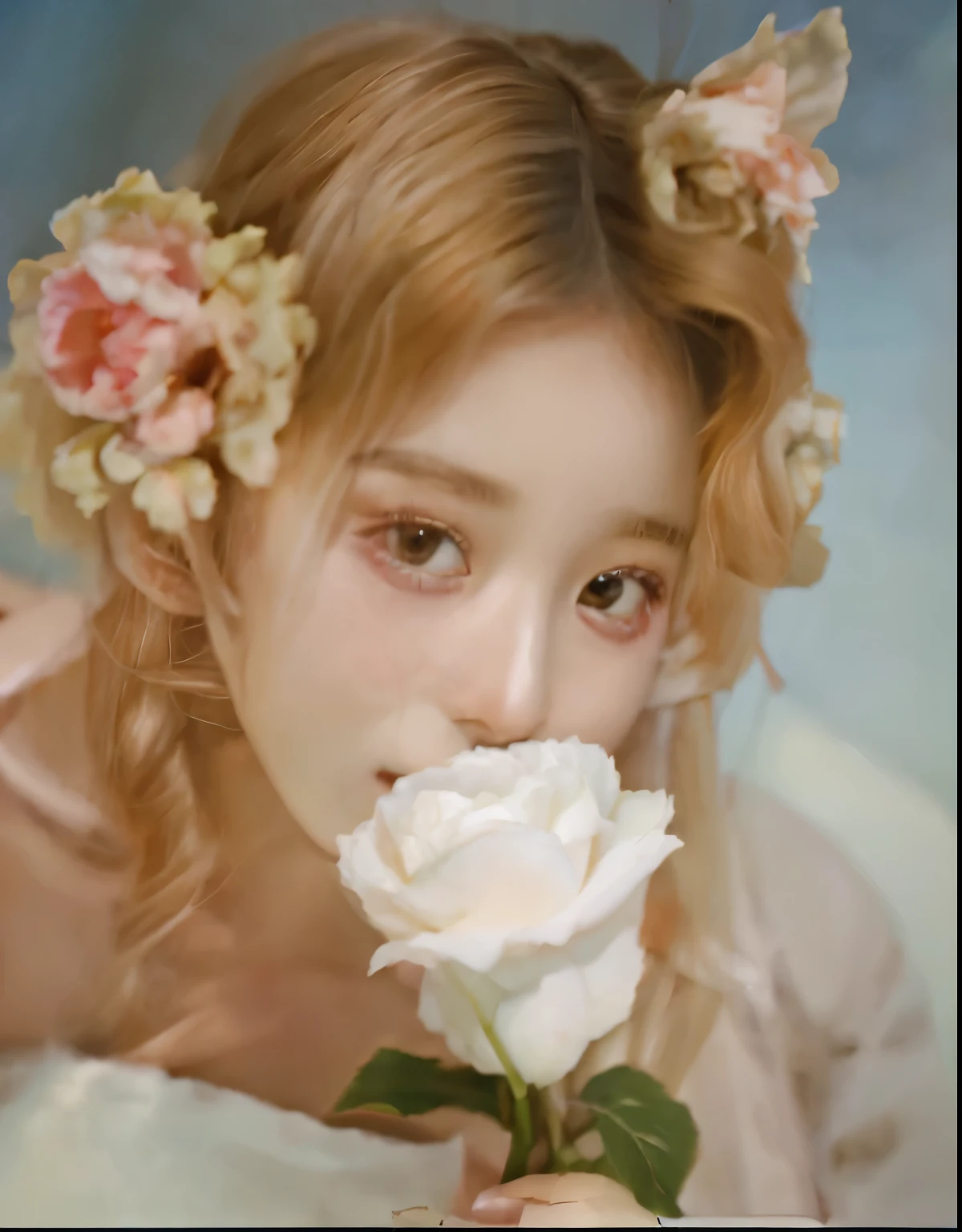 There is a young woman with flowers in her hair, Lots of merlot, Petra Collins 스타일이 아님, por Ayami Kojima, Petra Collins, porcelain pale skin, com flores congeladas ao seu redor, Nick Cavaleiro, Roses in the hair, Filmed on color film, lying in the roses, Kikukawa Eizan, In Tim Walker style, Blackpink Jennie Kim.