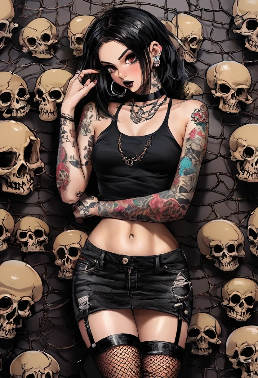 《Avareza》,Bad Girl,And lots of skulls,Tattoo,Fishnet stockings,Life is varied,The devil's eyes are deep and burning with fire,The body is shrouded in a dark atmosphere。Their faces may be smiling,Maybe there is a deep sadness hidden。Symbol of the devil,They tempt people to explore the edge of darkness。Black smoke,diamond,Avareza