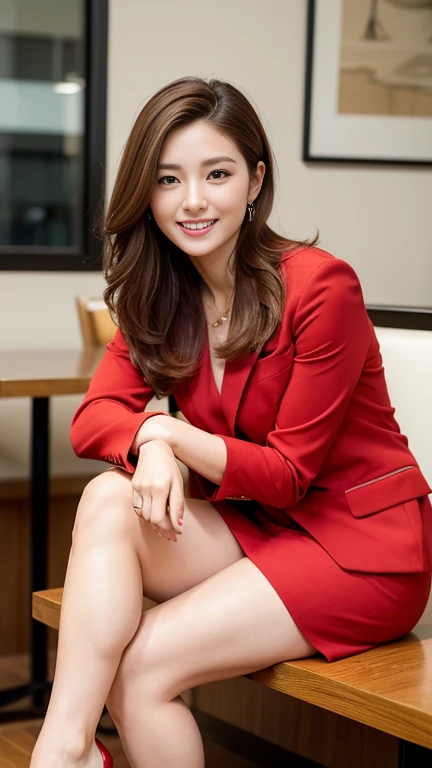 highest quality, Realistic, Very detailed, finely, High resolution, 8k wallpaper, 1. Beautiful woman,, Light Brown Hair, Wearing a red business suit,wearing a red slit skirt、Natural pose, Sharp focus, Perfect dynamic composition, sitting in a suburban cafe,finelyて美しい目, Thin Hair, Detailed and Realistic skin texture, smile, Model Body Type、Beautiful legs、Full Body Shot,Smile and laugh,