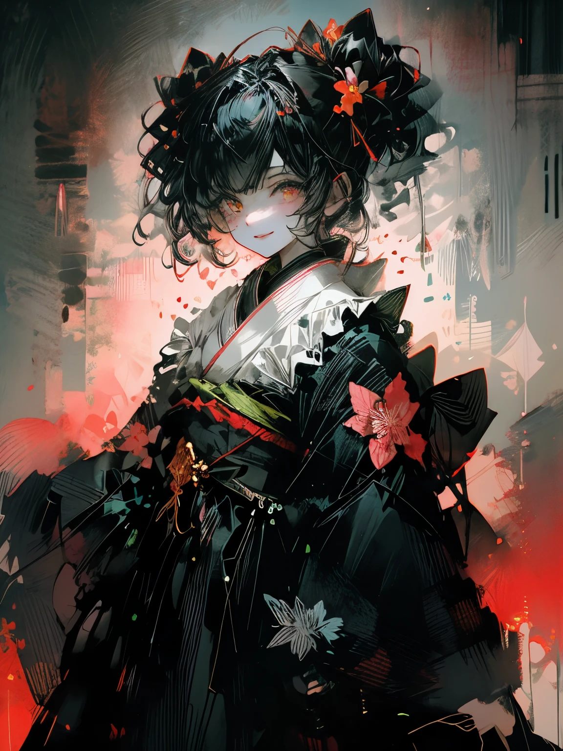 Masterpiece, Committed to ultra-high definition and vivid colors, Super detailed, Attention to detail, highest quality,, Beautiful watercolor painting, 18-year-old, woman, Dressed in a twelve-layered kimono, Her hair is held in place by a red hair clip, Black Hair, She is smiling with a very beautiful expression, The background is filled with colorful flowers, which fill the entire screen.