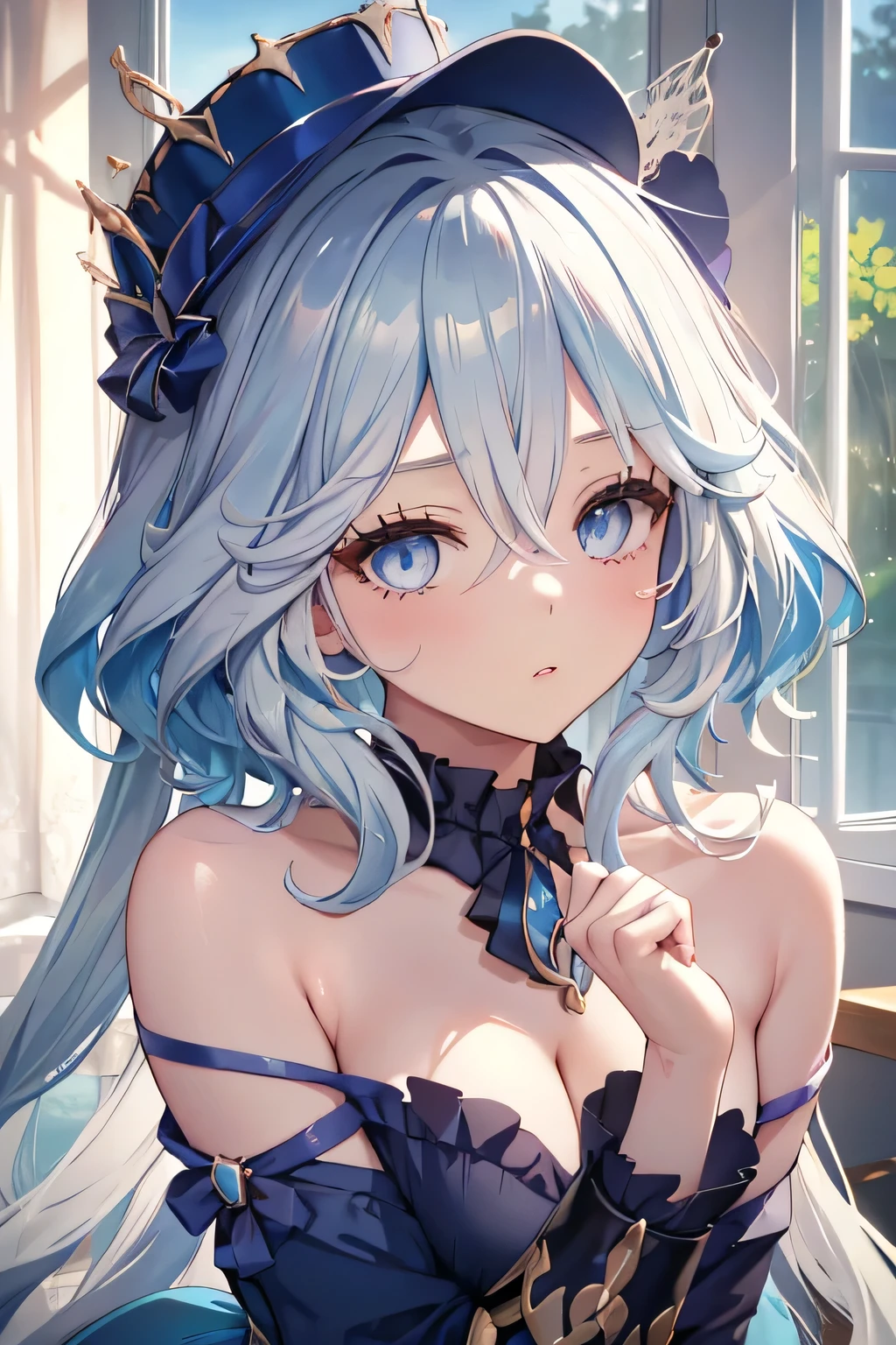 (girl,anime girl) wearing a hat and a blue dress, (wallpaper,figure,Fine art:pencil:1.1,anime:muted) and (soft,Blurred,Flowing,Wavy) Blue Water (background,As a motif). The girl (big,Expressive:1.1) eye, (small,delicate) lips, and a (Hilarious,Contemplative:dream-like) Her expression. she has (length,Flowing:Silver) gently hair (Blowing in the wind, Frame her face) and (length,Obelisk:detailed) eyelash. The scene is (Brightly lit:Warmly lit) and (soft,nature:sunlight) Streaming from window, casting (subtle,kind) shadows on the girl's face and the surrounding area. The big picture is (high quality,4K:1.2,ultra-detailed,Realistic) (anime,figure) artwork, and (Vibrant,Vivid) colors and (shading,blend:1.1),On all fours、(nsfw,full,nude,Completely naked)