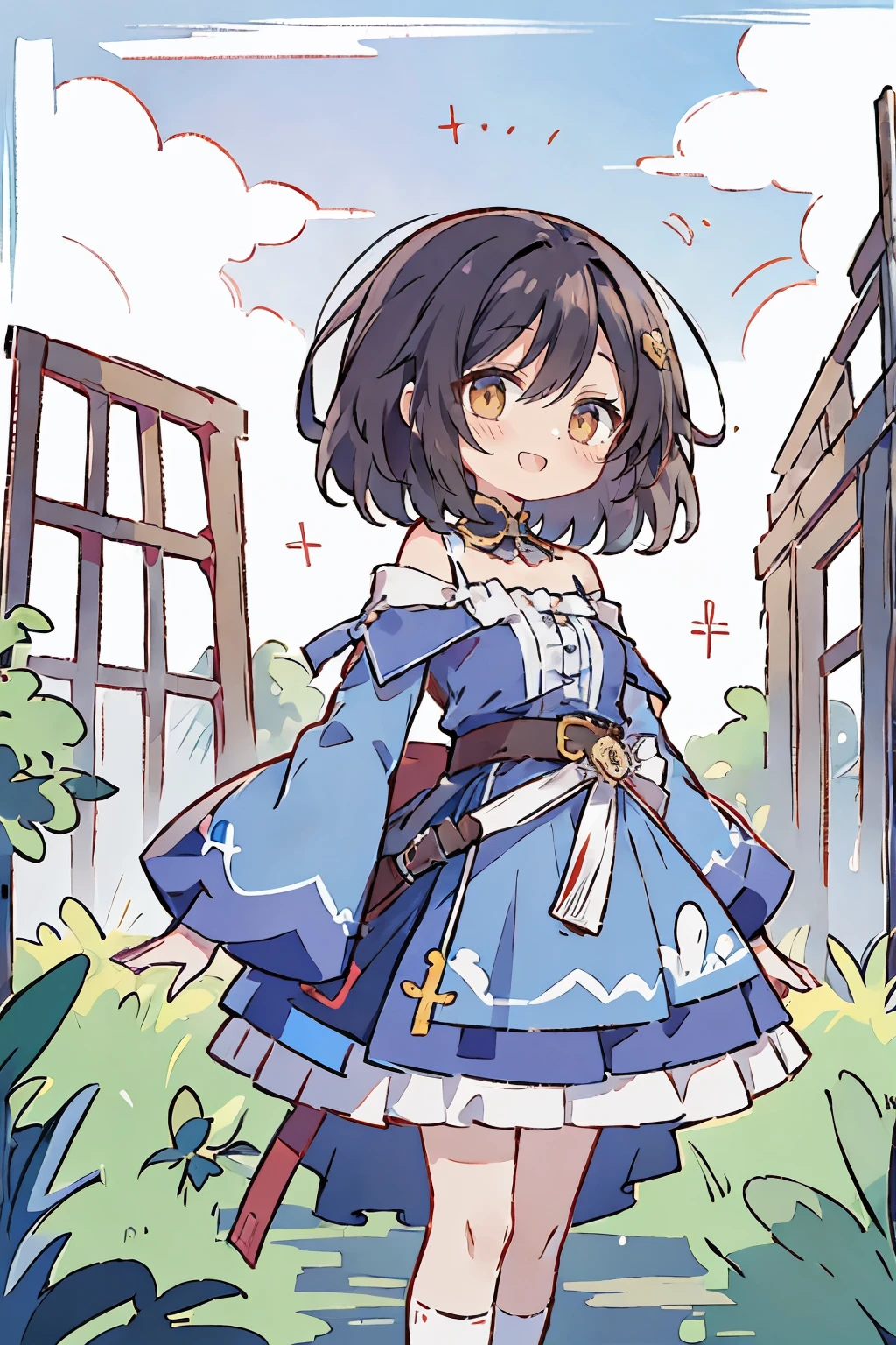 Hui Xiyi, Rekkyo Sensen, fantasy world, ruins, fort, beautiful sky, shining sky, sunshine, camisoles, belts, blue clothes, cross choker, wind blowing dress, lace dress, off-shoulder sleeves, white knee socks