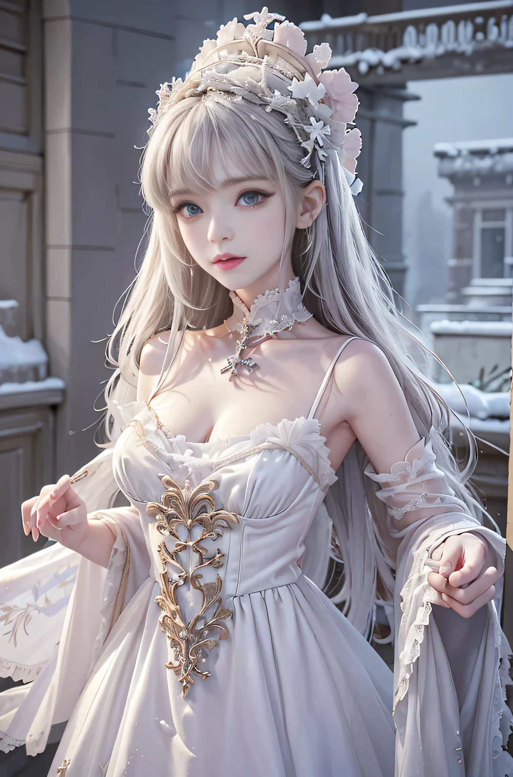 ((masterpiece:1.5,highest quality,Highly detailed images,Beautiful images、Realistic、Photorealistic、2.5D))(1girl, solo)(cute girl, medium breasts, white hair, aqua eyes、Beautiful big eyes、Sharp jaw、Small Nose、Narrow waist、Thin legs、Ideal body type、The collarbone is beautiful)(ta fashion、Cape、Heavy coat、Snow Field、Gothic Style)(Beautiful, shining hair, floating hair)(heavy snow、dead tree)
