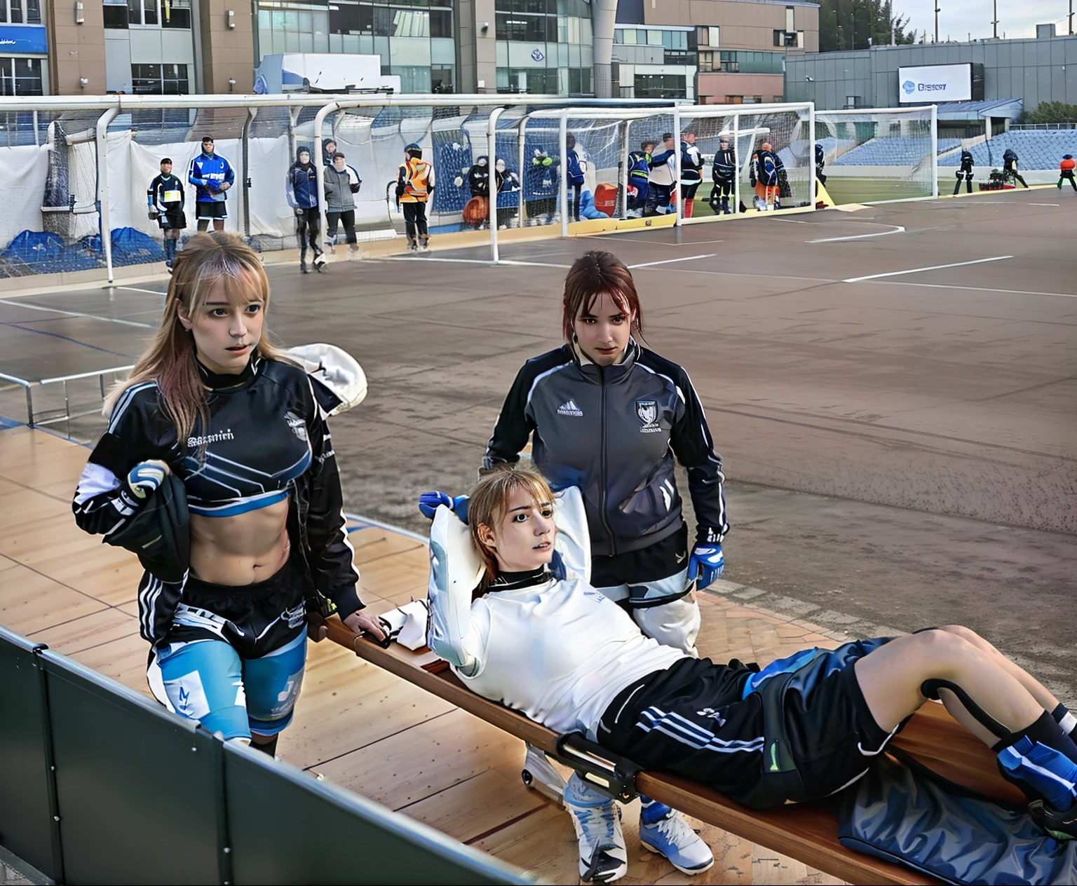 two women carry a strercher, two women in shiny jackets carry a stretcher on a soccer field, two women in plastic jackets are standing on a soccer field and hold a stretcher, There are two madeup women I shiny and wetlook outfits carrying a stretcher on a sports ground, there is a slightly bearded and attractive young male sportsman lying injured on a stretcher with a very painful expression, there is a sportsman lying on his back on a stretcher and covers his painful looking face with his hands, there are women in wetlook laquered outerwear carrying a man on a stretcher in a sports stadium, there is a man on a stretcher being carried by two very madeup women, there is a bearded soccer-player lying on a stretcher, there is a soccer-player on a stretcher with his hands over his face, a soccer-player is lying on a stretcher and has put his hands over his face, soccer, football