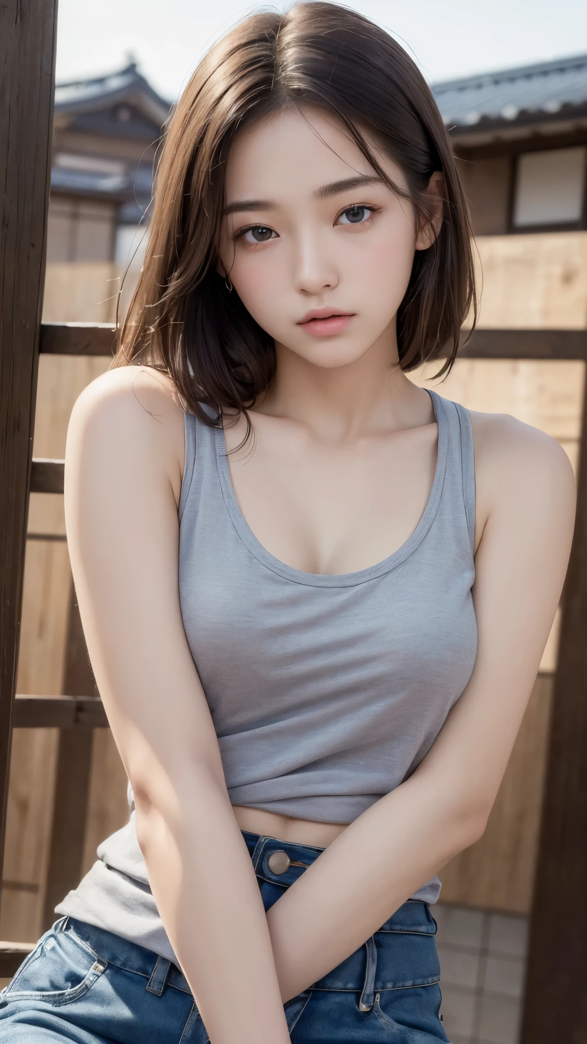 (((masterpiece))),(((High resolution)))、(((8K quality)))、(((perfect face)))、(((Japan beauty))), 15-years old, ((tanktop)), (pants), look at the camera, ((top quality eyes)), detailed face, (detailed texture), ((high resolution face)), look at the camera