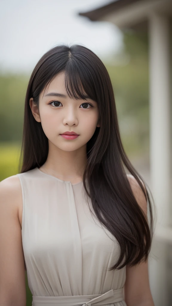 Create a high-resolution portrait of a young Japanese woman resembling the actress Minami Hamabe. She has a gentle and calm demeanor, with fair, clear skin and long, silky black hair that frames her face. Her eyes are large, almond-shaped, and a deep brown color, exuding a sense of innocence and curiosity. Her facial features are soft and balanced, with a slight blush on her cheeks and natural makeup that highlights her beauty. She wears a simple, elegant dress in pastel colors, standing against a softly blurred background that emphasizes her peaceful and elegant aura. The lighting is natural and soft, highlighting her delicate features and creating a warm, inviting atmosphere.