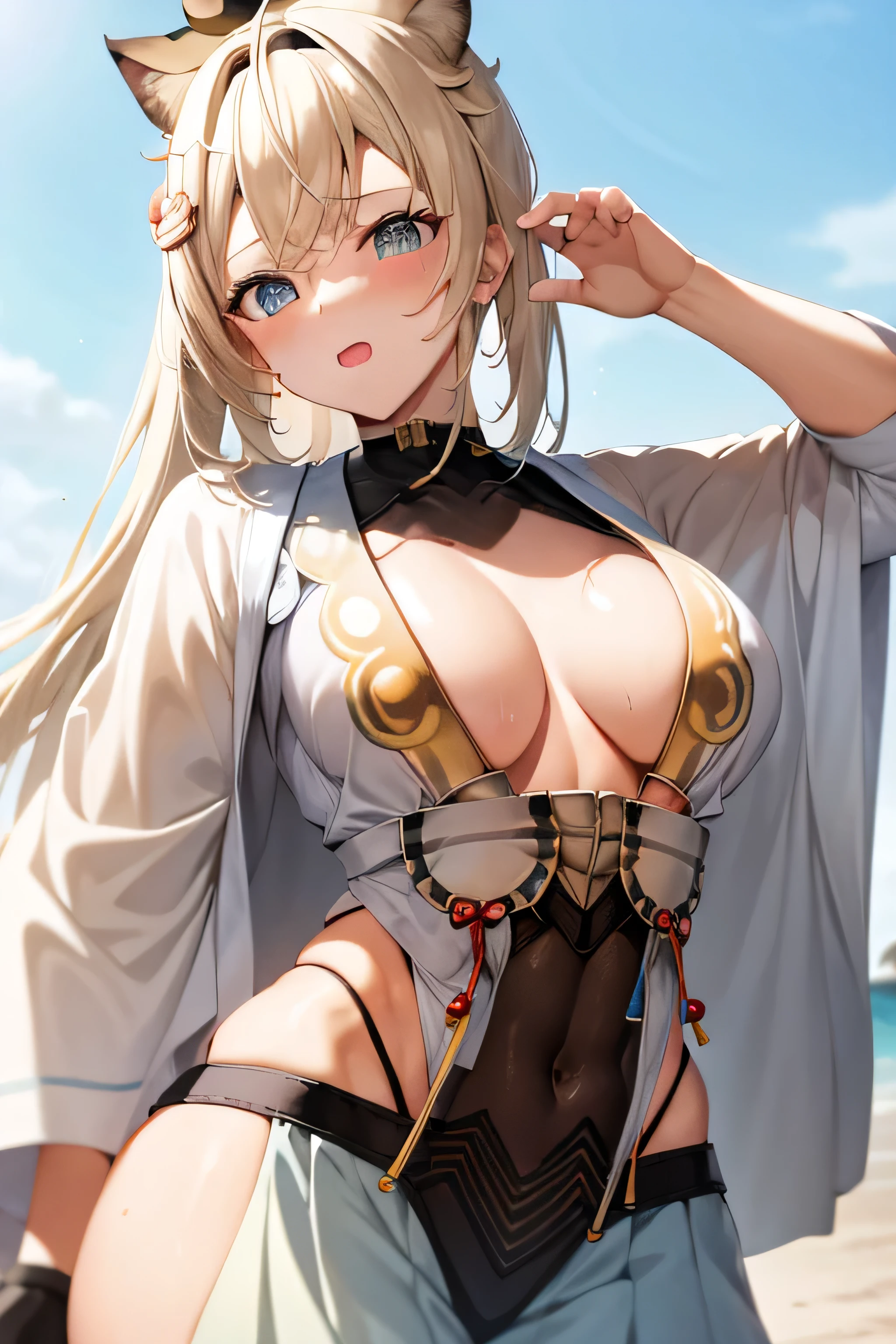 Blonde、beautiful girl、Japanese、samurai、Large Breasts、Black gloves、Abdominal muscles、Six Pack、Bisenterus brachial、(Muscle tissue、Abdominal muscles)、blush、(high resolution、beautiful、Crisp down to the smallest detail)