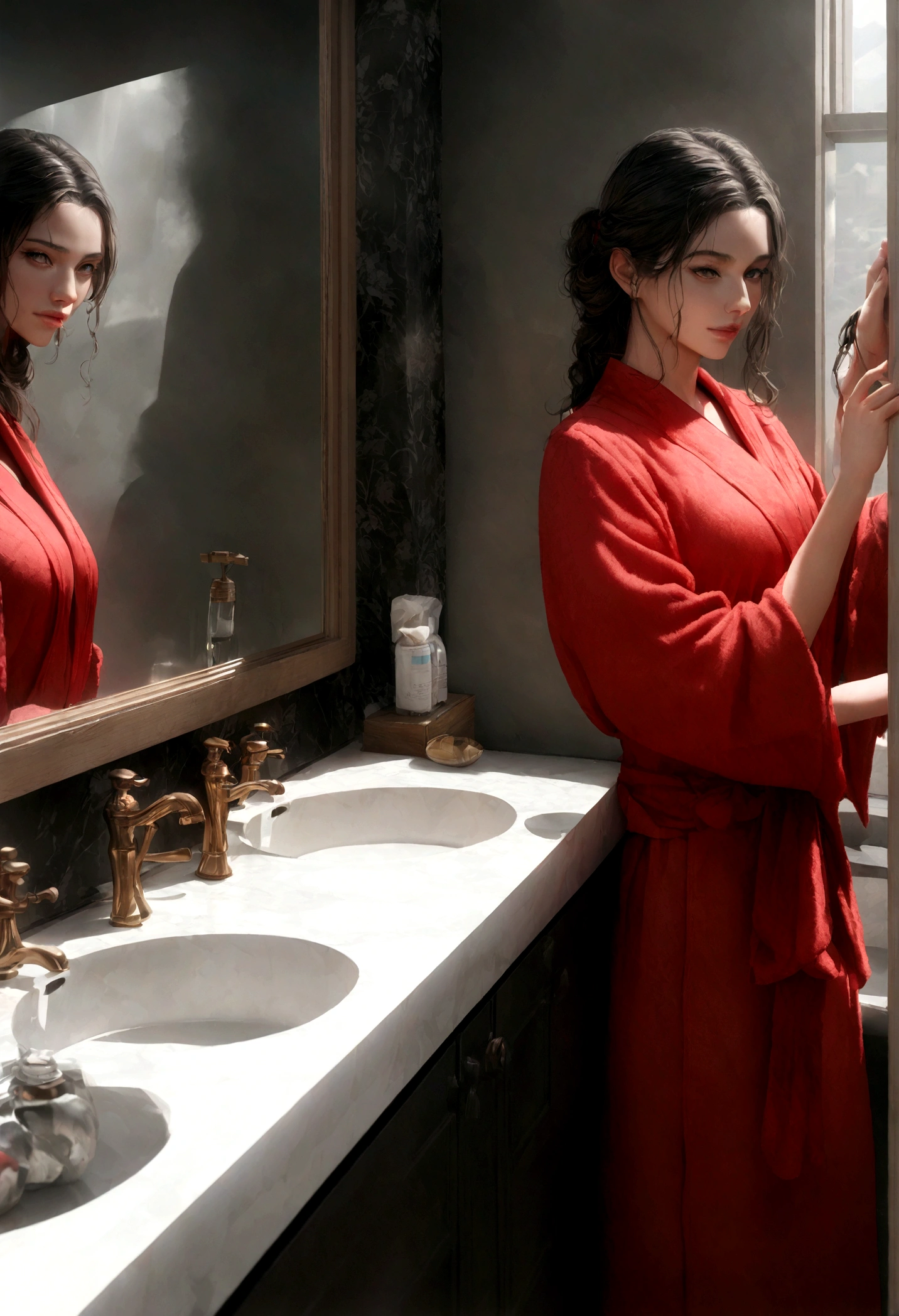 une femme dans sa salle de bain, with a slightly depraved expression. Elle a de longs cheveux bruns et lisses, et des traits latinos. She wears a silk bathrobe and a headband to hold her hair back. The woman is mature and is in a modern stylish bathroom. L'image doit être de la meilleure qualité (4k, 8k, high resolution, masterpiece), ultra-detailed, Realistic, photoRealistic. Lighting is dark and dramatic with pronounced shadows. La salle de bain est bien éclairée avec des produits de beauté et des accessoires de soin bien organisés sur le comptoir. L'atmosphère est relaxante et luxueuse, avec une touche de végétation et une couleur rouge présente dans la décoration