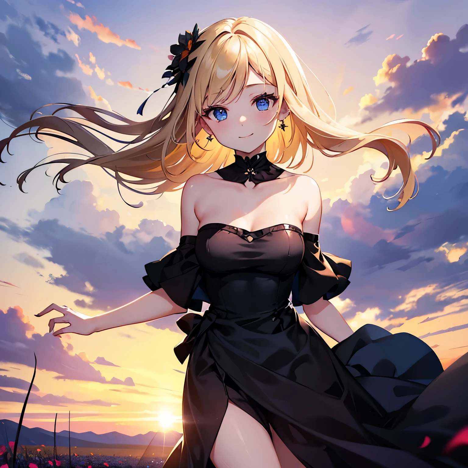 A woman, strapless black dress, bare upper arms, off-the-shoulder sleeves, sunset, bare shoulders, outside, flower field, smile, blond hair, blue eyes.