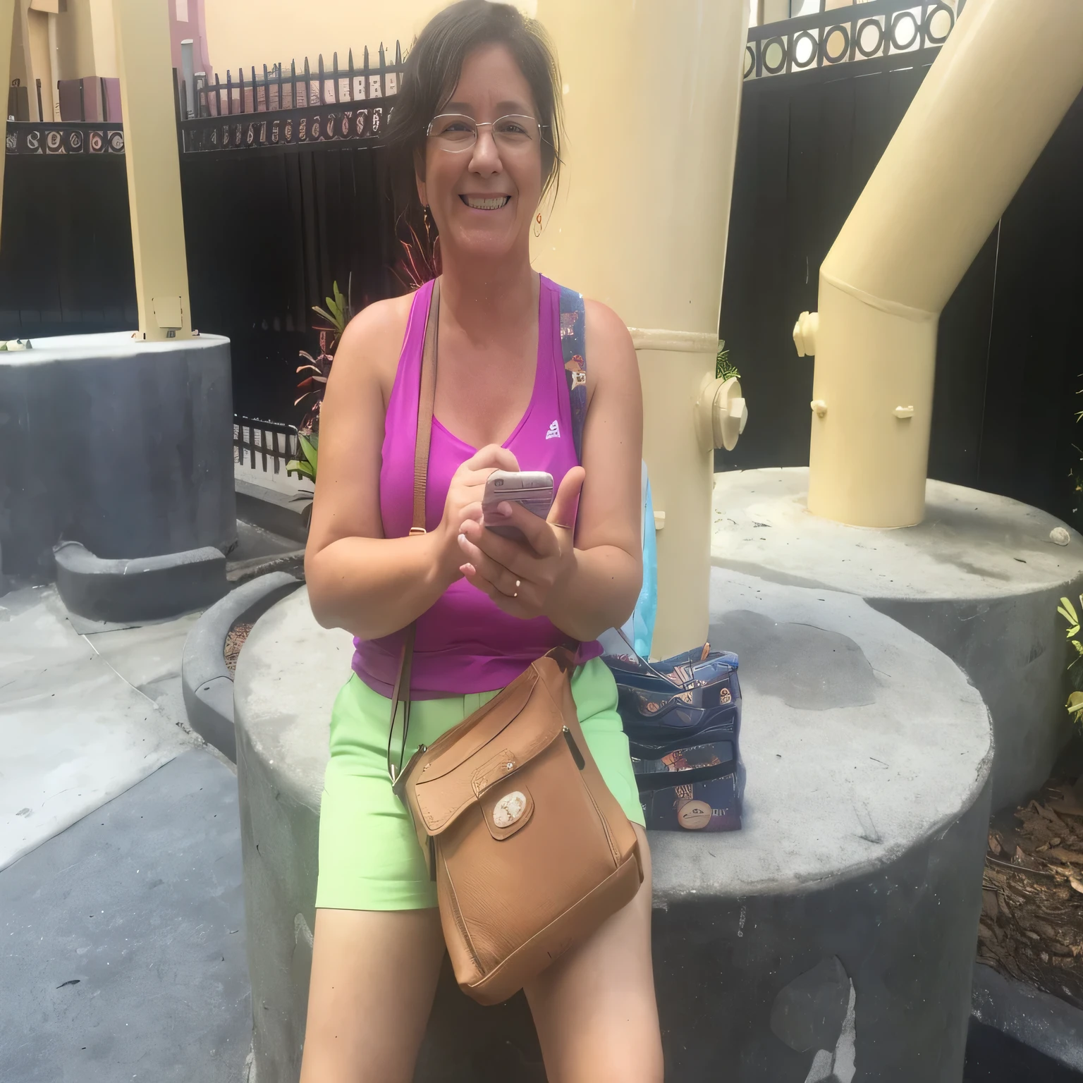 smiling woman sitting on a cement bench using her cell phone, 4 5 yo, 30-year-old woman from cuba, 3 0 years woman, checking her cell phone, 5 5 yo, checking her phone, photo from the back, vacation photo, she is holding a smartphone, tourist, deborah, mom, wearing a camisole and shorts
