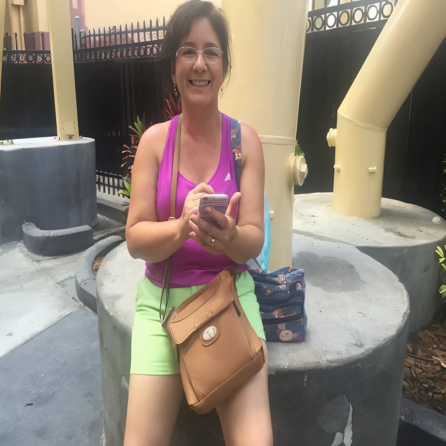 smiling woman sitting on a cement bench using her cell phone, 4 5 yo, 30-year-old woman from cuba, 3 0 years woman, checking her cell phone, 5 5 yo, checking her phone, photo from the back, vacation photo, she is holding a smartphone, tourist, deborah, mom, wearing a camisole and shorts