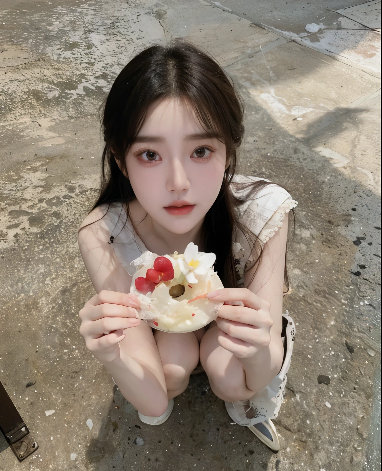 Arapé girl sitting on the floor holding a piece of food, Best Face, Jinyoung Shin, Jaeyeon Nam, Dilabba Dilmurat, Larisa Manoval, pale, snow white skin, pale and light skin!!, por Ayami Kojima, Taejin Kim, Lindo Core, Yanjun Chengt, Your face is like an orchid