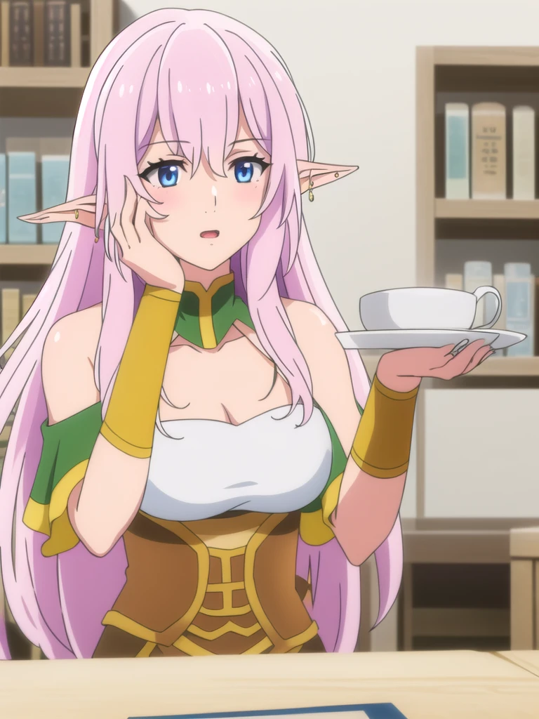 (((Best quality))),((Ultra-detailed)),((illustration)),((Disheveled hair)),((frilld)),(1 girl),
 1girl , bar , bare shoulders , blue eyes , blurry , blurry background , blurry foreground , book , bookshelf , breasts , cafe , cleavage , collarbone , cup , depth of field , earrings , elf , eyebrows visible through hair , hair between eyes , hand on own cheek , hand on own face , head rest , holding , holding cup , indoors , jewelry , long hair , long pointy ears , looking at viewer , medium breasts , mug , off shoulder , open mouth , LavenderBlush hair , pointy ears , solo , table , upper body ,