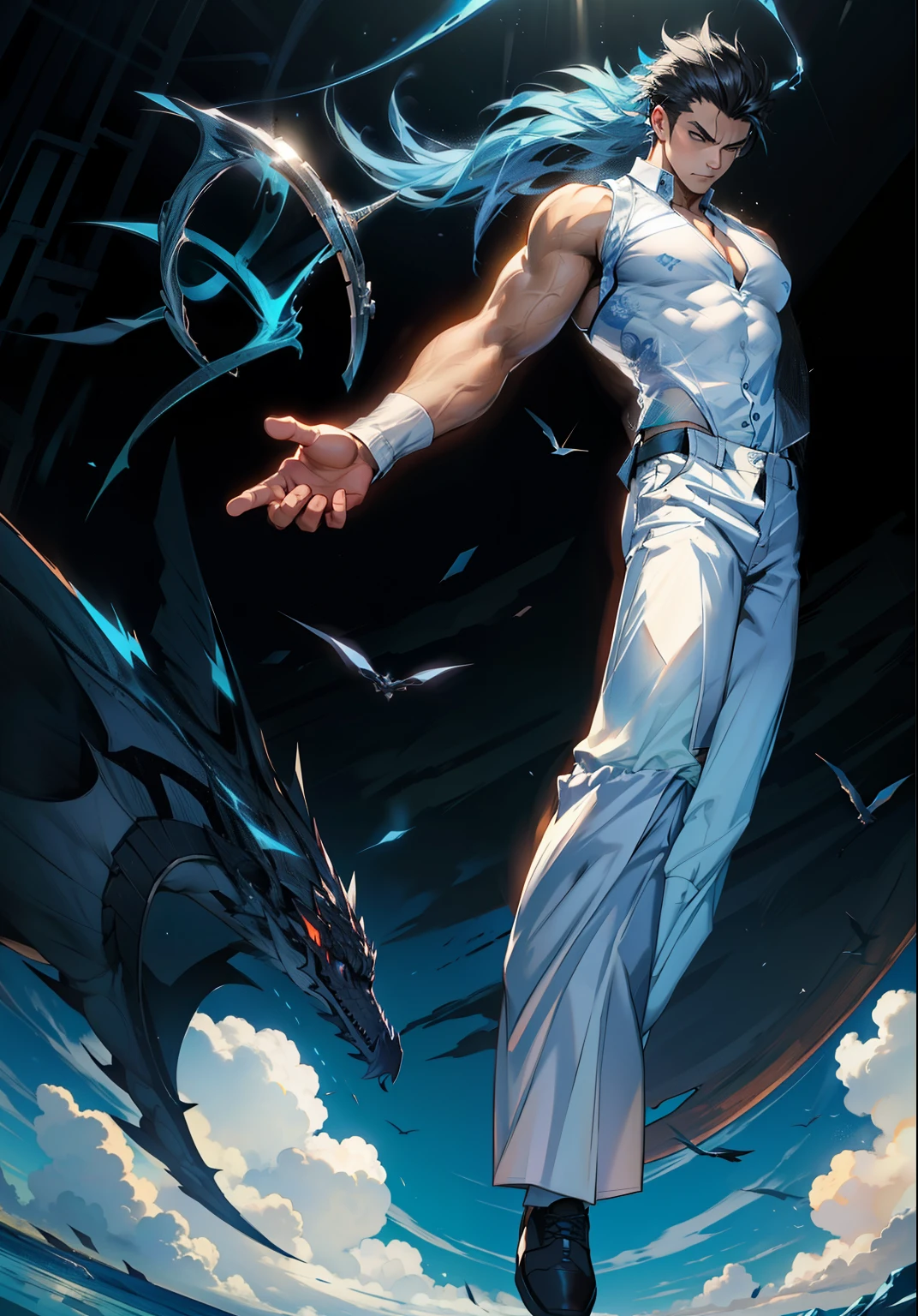 1boy, 26 Years old, Serious face, wearing ((white singlet shirt)), black pants, levitate on sky, black shoes, blue sky, cloud