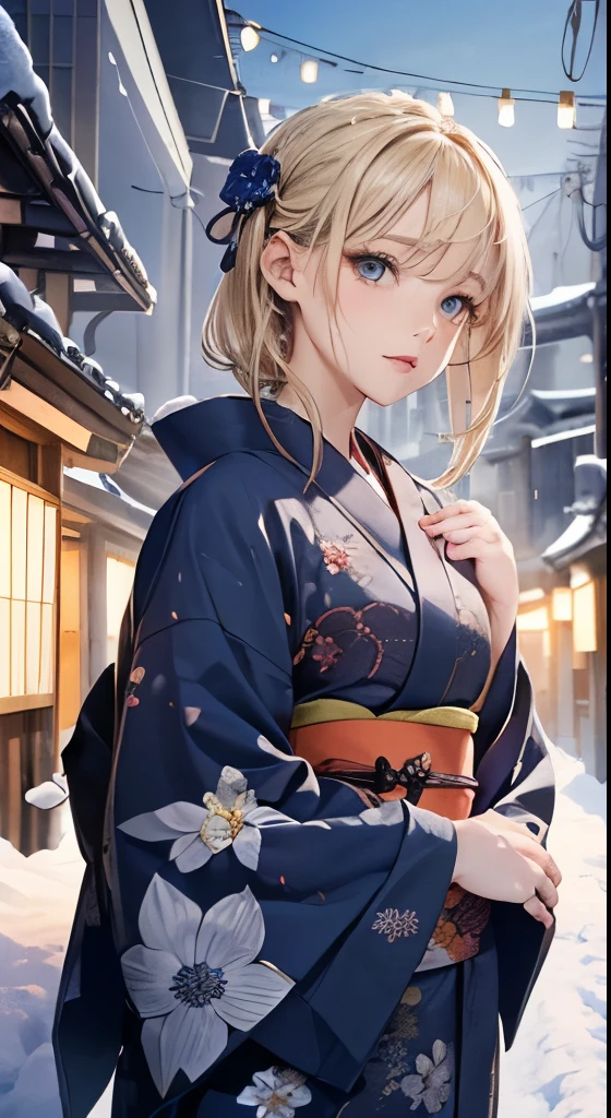 (masterpiece),(highest quality:1.2),One Girl,(Masseter muscle area:1.3),Exquisite detail, highest qualityの8K解像度,Vibrant colors, Warm and gentle lighting,(Melody Mark:1.3),(Black floral kimono:1.3),(Lots of lanterns),(Smooth and straight blonde hair:1.4),(Hair parted in the middle:1.3),(Shiny Hair),(Dark blue eyes:1.3),Cute Smile,White skin, Barrette,Small Necklace,(Kyoto in the snow:1.3)、