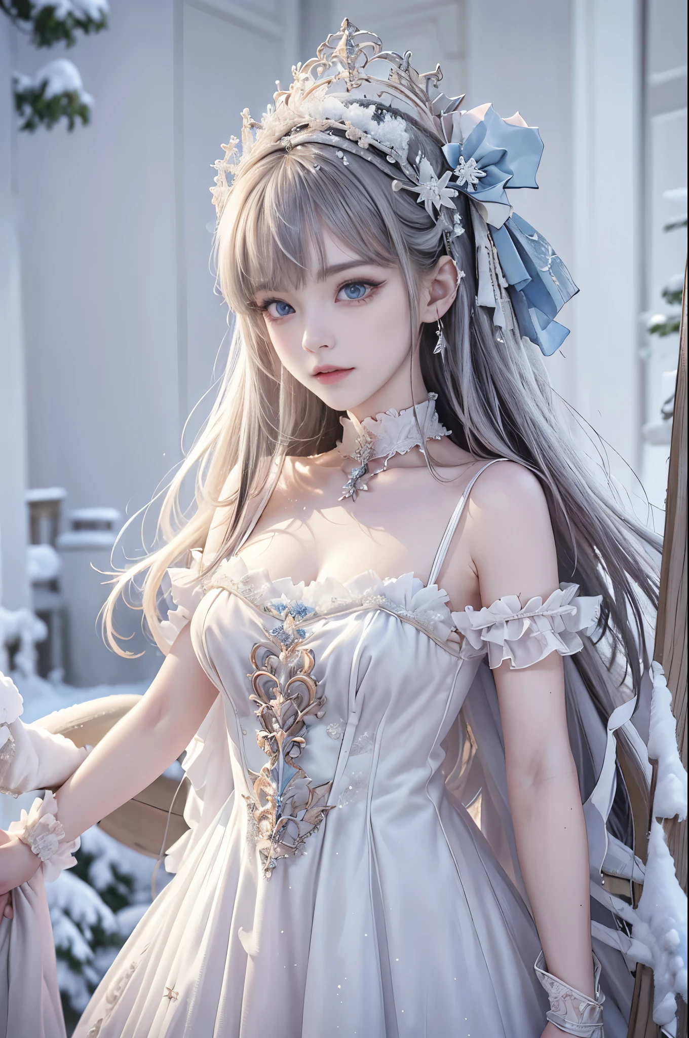 ((masterpiece:1.5,highest quality,Highly detailed images,Beautiful images、Realistic、Photorealistic、2.5D))(1girl, solo)(cute girl, medium breasts, white hair, aqua eyes、Beautiful big eyes、Sharp jaw、Small Nose、Narrow waist、Thin legs、Ideal body type、The collarbone is beautiful)(****ta fashion、Cape、Monotone clothes、Snow Field、Gothic Style)(Beautiful, shining hair, floating hair)(heavy snow、dead tree)
