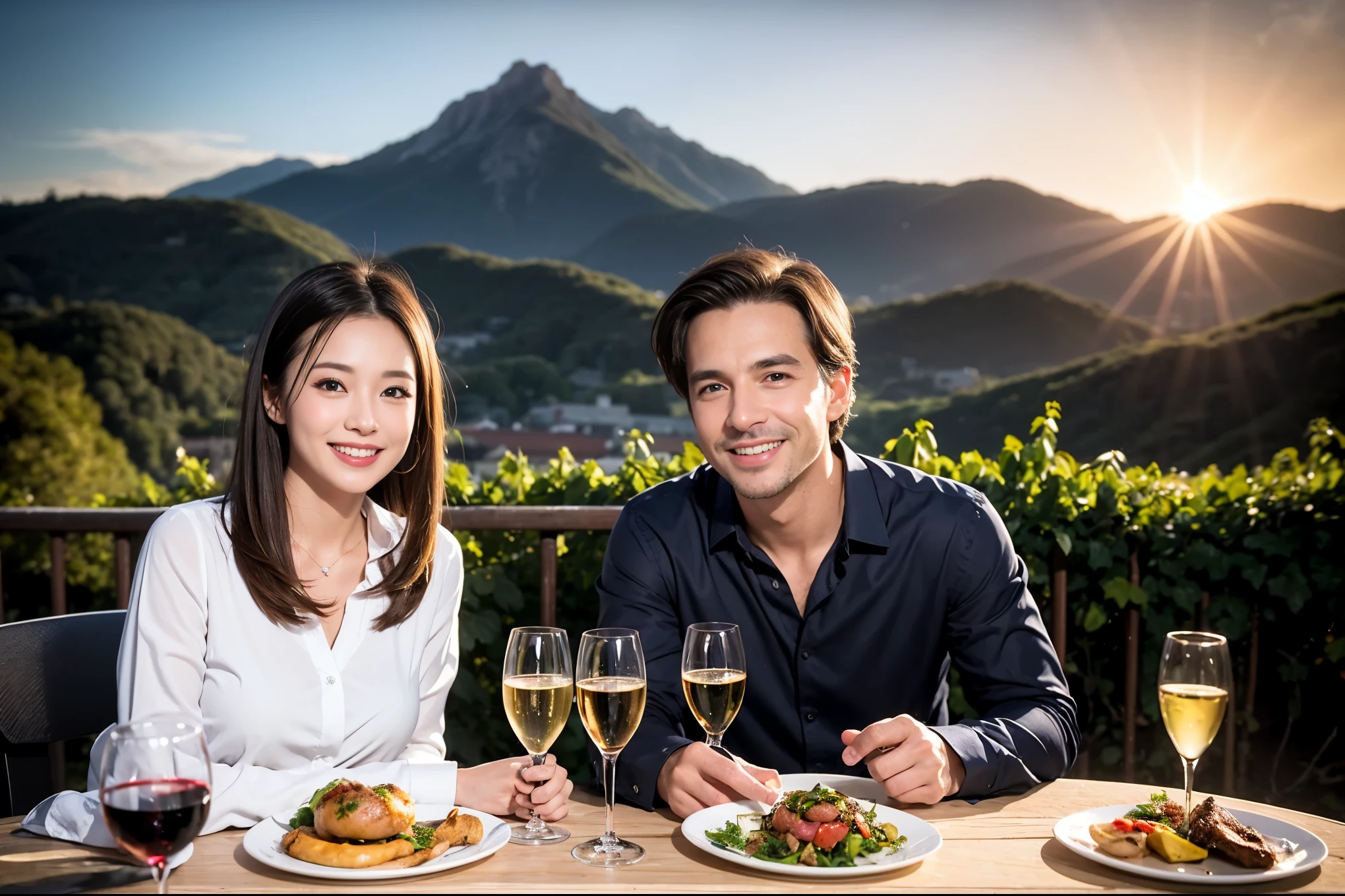 ((highest quality、8k、masterpiece:1.3))、1 male 1 female、Lovers、beautiful couple、Japanese couple、Happy Smile、 (Slim face), (The body is スリム), (Brown Hair), (Shortcuts), ((Bob Hale、Straight hair:1.2)), Wine glass on the table、Please put light on my face、 Amazing view of the sunset sky and clouds、Amazing mountain views、The wonderfulness of smiles、Bright image、Blushing, Shortcuts,Bright Face、 (36 years old), 39 years old, red wine 、Appetizers、Italian food、Wine bottle、Champagne、sparkling wine、Long sleeve shirt、dress、Attractive beauty、restaurant, Nova Frog Style, actress, model, Upper Body, White wine, red wine, wine glass, 