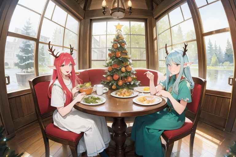 (masterpiece, highest quality), Three Girls, young , Elf Ears, close, smile, eat, Sitting on the floor, Near the small table, (A table full of food, Rich cuisine, Heaps of food), In the room, (Food piled on the table), Large windows, Christmas tree, comfortable, warm, Wooden floor, Wide-angle, Fisheye Lens, Vibrant colors, bright, white, watercolor