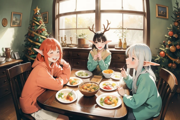 (masterpiece, highest quality), Three Girls, young , Elf Ears, close, smile, eat, Sitting on the floor, Near the small table, (A table full of food, Rich cuisine, Heaps of food), In the room, (Food piled on the table), Large windows, Christmas tree, comfortable, warm, Wooden floor, Wide-angle, Fisheye Lens, Vibrant colors, bright, white, watercolor