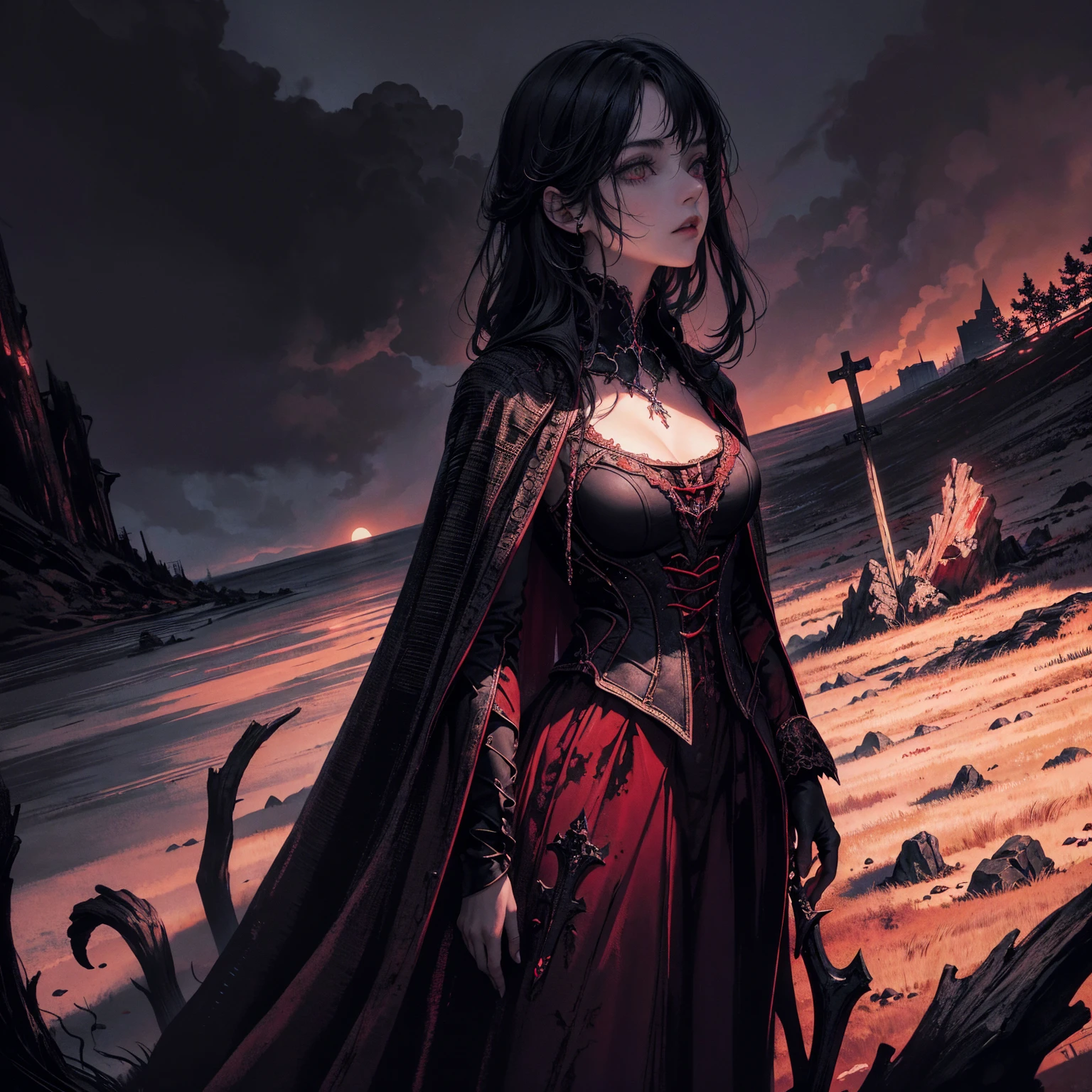 best quality, 4k, High resolution, masterpiece:1.2, Extremely detailed, Practical:1.37, Mood lighting, girl, Crucified, Pitch black sky, Red Moonlight, Weird atmosphere, Gothic style, Unforgettable beauty, Dramatic shadows, Ethereal Light, Mysterious atmosphere.