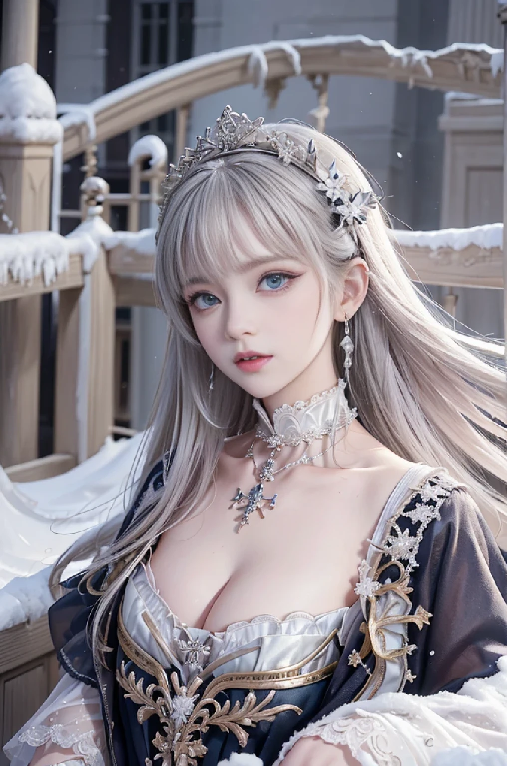 ((masterpiece:1.5,highest quality,Highly detailed images,Beautiful images、Realistic、Photorealistic、2.5D))(1girl, solo)(cute girl　、Asian Cute Girls、 medium breasts, white hair, aqua eyes、Beautiful big eyes、Sharp jaw、Small Nose、Narrow waist、Thin legs、Ideal body type、The collarbone is beautiful)(lolita fashion、Cape、Monotone clothes、Snow Field、Gothic Style)(Beautiful, shining hair, floating hair)(heavy snow、dead tree)
