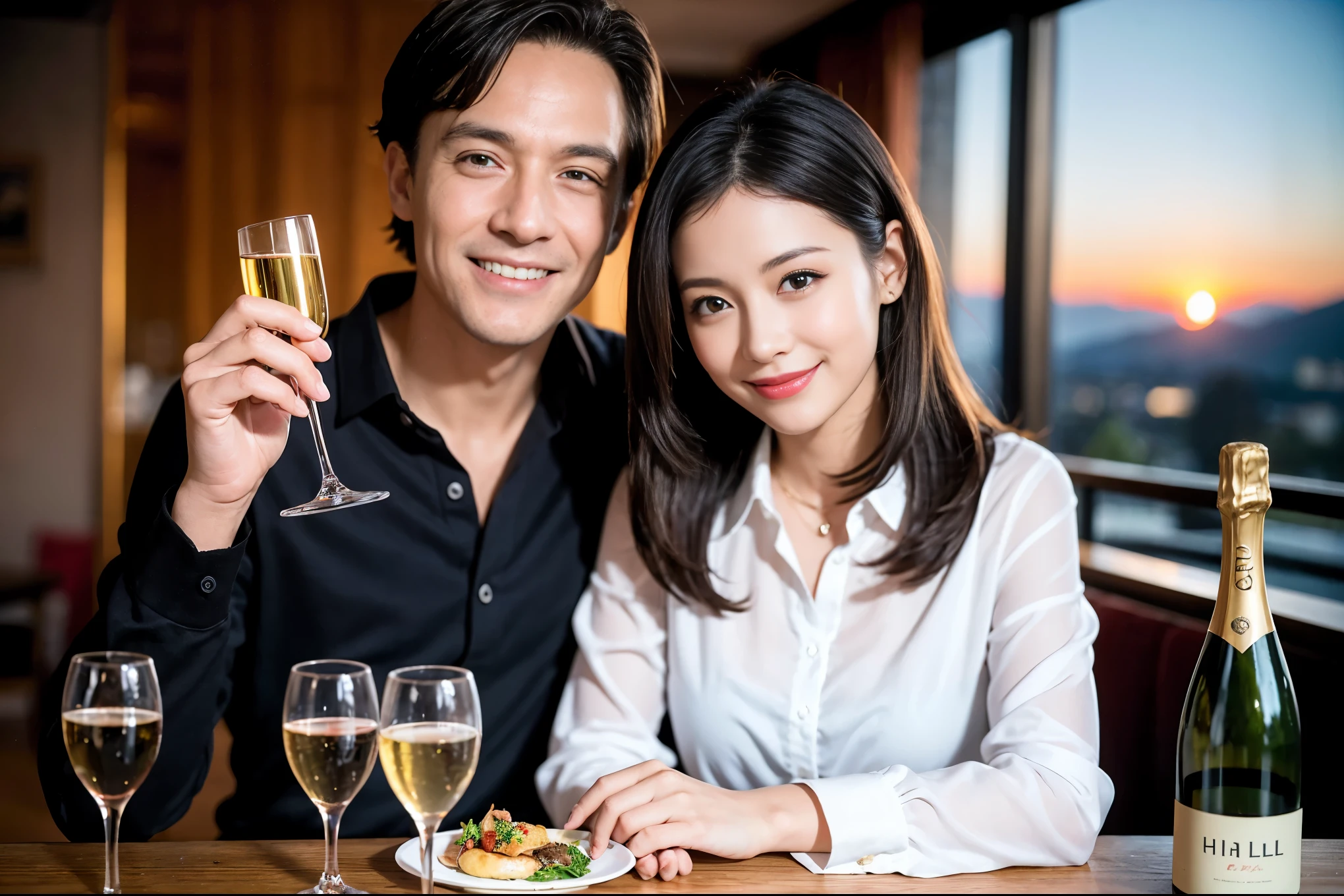 ((highest quality、8k、masterpiece:1.3))、1 male 1 female、Lovers、beautiful couple、Japanese couple、Happy Smile、 (Slim face), (The body is スリム), (Brown Hair), (Shortcuts), ((Bob Hale、Straight hair:1.2)), Wine glass on the table、Please put light on my face、 Amazing view of the sunset sky and clouds、Amazing mountain views、The wonderfulness of smiles、Bright image、Blushing, Shortcuts,Bright Face、 (36 years old), 39 years old, red wine 、Appetizers、Italian food、Wine bottle、Champagne、sparkling wine、Long sleeve shirt、dress、Attractive beauty、restaurant, Nova Frog Style, actress, model, Upper Body, White wine, red wine, wine glass,