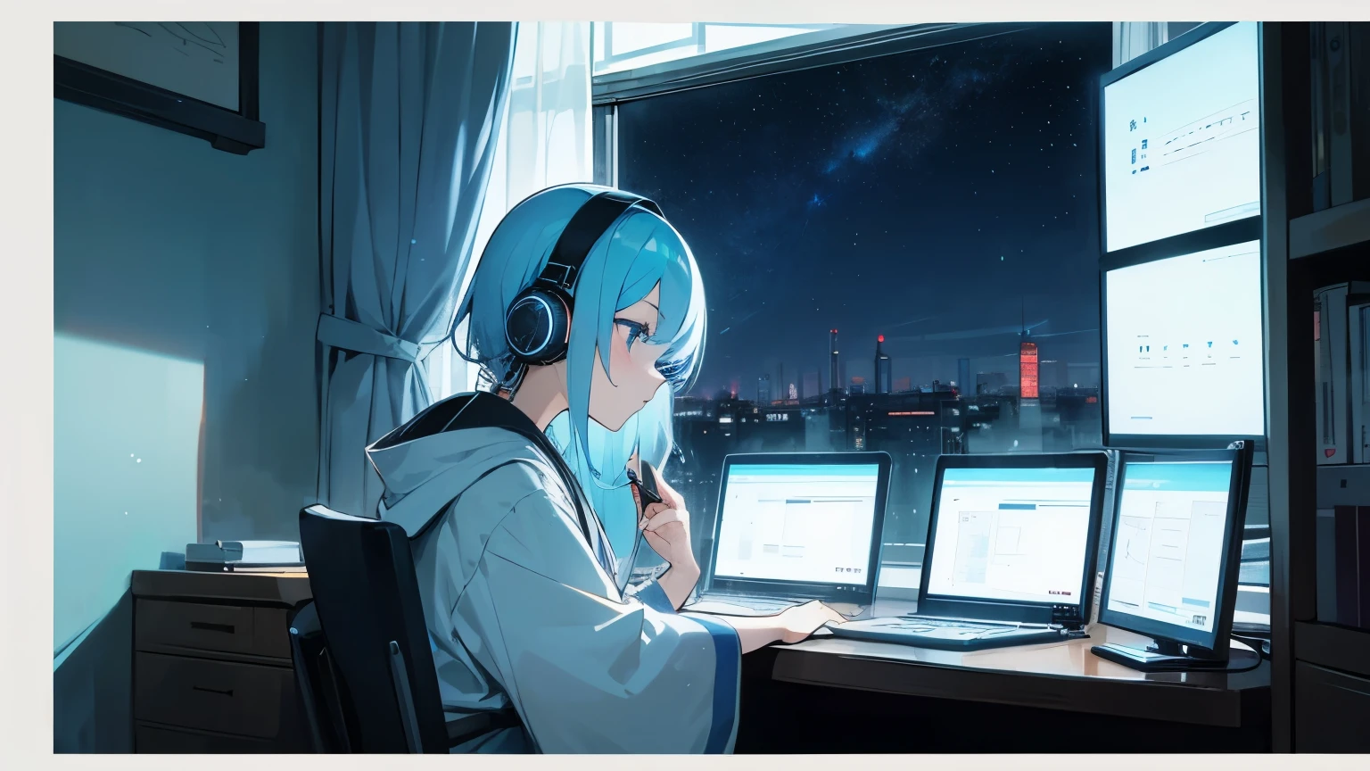 Girl listening to music with headphones in her room、A girl studying。Light blue hair。机の前にノートcomputerが開かれている.、Eyes on the screen。computer１Tower。Holding a pen、Writing in a notebook。Notes only。Out of the window, The shadow of a building faintly appears in the starry sky..、Night view。Japanese anime style。