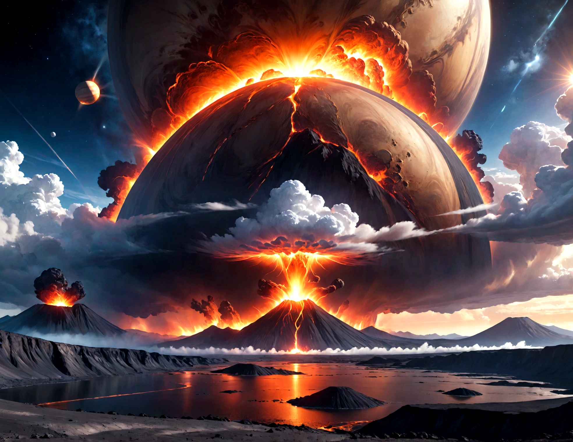 space probe lands on Venus, atmosphere with dense clouds of toxic gases, in the background several volcanoes erupting, expelling lava from the surface, sunlight is not visible, sky with several dense clouds blocking the sunlight. high quality photography, 8k, Canon, Helsablade, best photography. Sharp and clear image of the surface.
