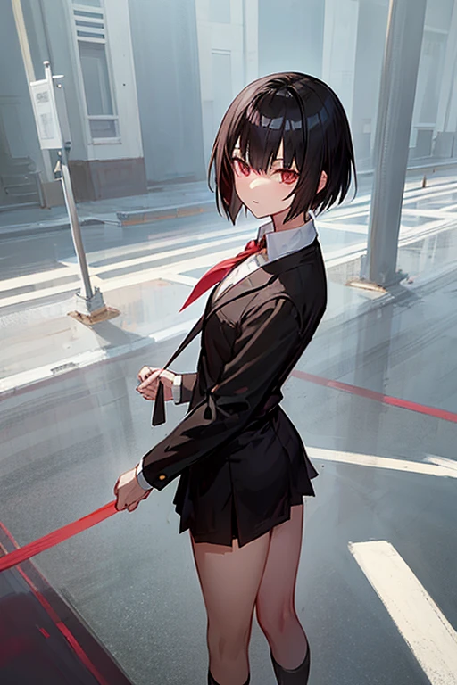 Yandere girl with short black hair and wear high school cloth