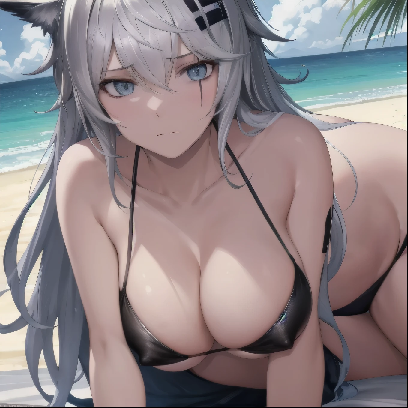 One ,Look away, Close-up of beach, animal_ear, Black bikini swimsuit,Show m out h, breast, hair_between_Eye, Very_long_hair, Depressed crotch,The nipples are prominent,Cold expression