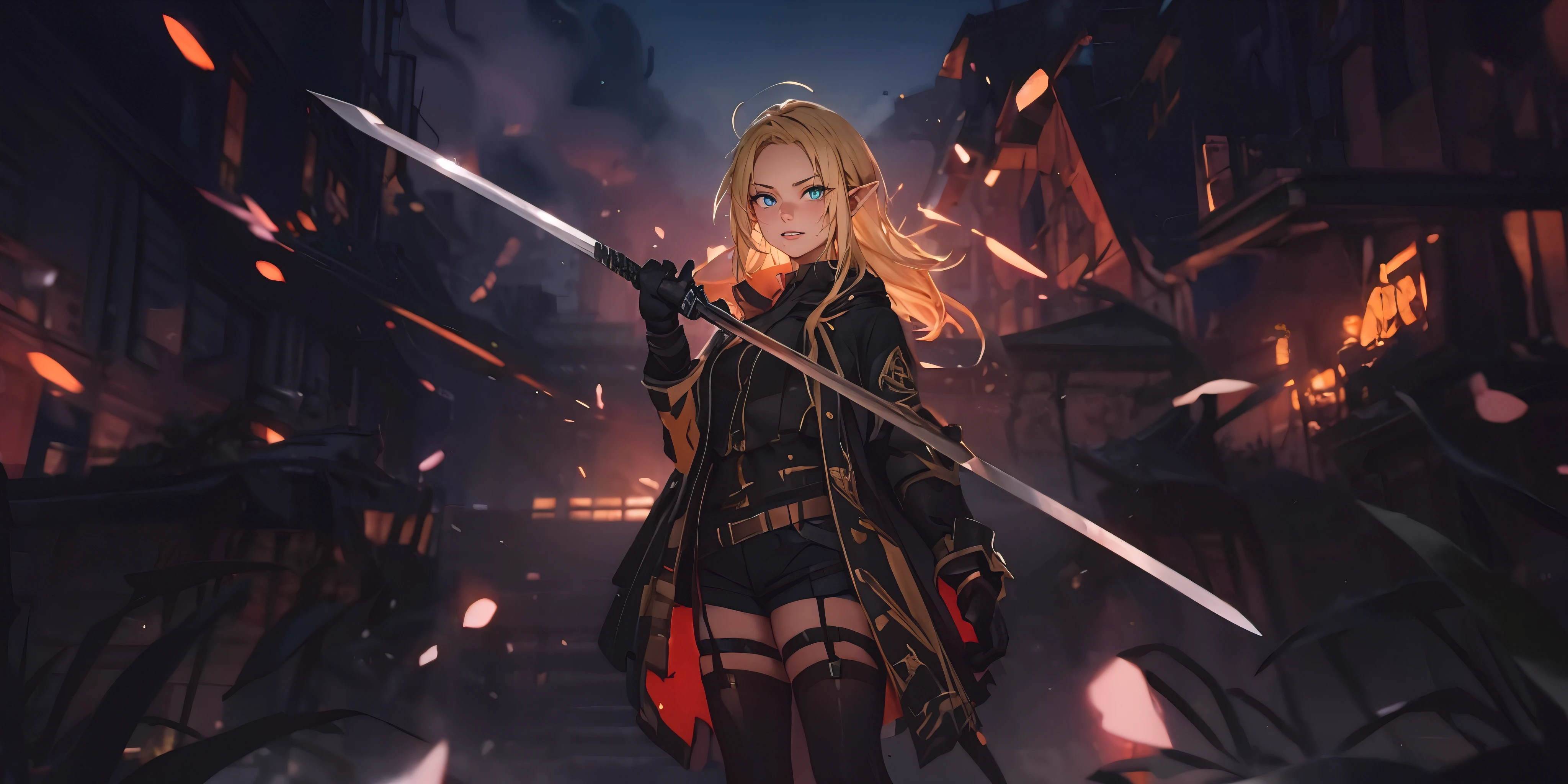 (blonde hair, long hair:1.3), pointy ears, curvy, ((anatomically correct:1.3)), heavy breathing, huge breasts, sweating, glowing eyes, heavy breathing, female focus, 1girl, sword, holding, weapon, solo, gloves, holding_weapon, standing, holding_sword, thighhighs, black_legwear, looking_at_viewer, outdoors, long_sleeves, breasts, wide_sleeves, garter_straps, dual_wielding, coat, medium_breasts, night, black_capelet, white_jacket, blurry_background, black_shirt, black_skirt, open_coat, short_shorts, shorts, "glow effects, godrays, Hand drawn, render, 8k, octane render, cinema 4d, blender, dark, atmospheric 4k ultra detailed, cinematic, Sharp focus, big depth of field, Masterpiece, colors, 3d octane render, 4k, concept art, trending on artstation, hyperrealistic, Vivid colors, extremely detailed CG unity 8k wallpaper, trending on CGSociety, Intricate, High Detail, dramatic", fog