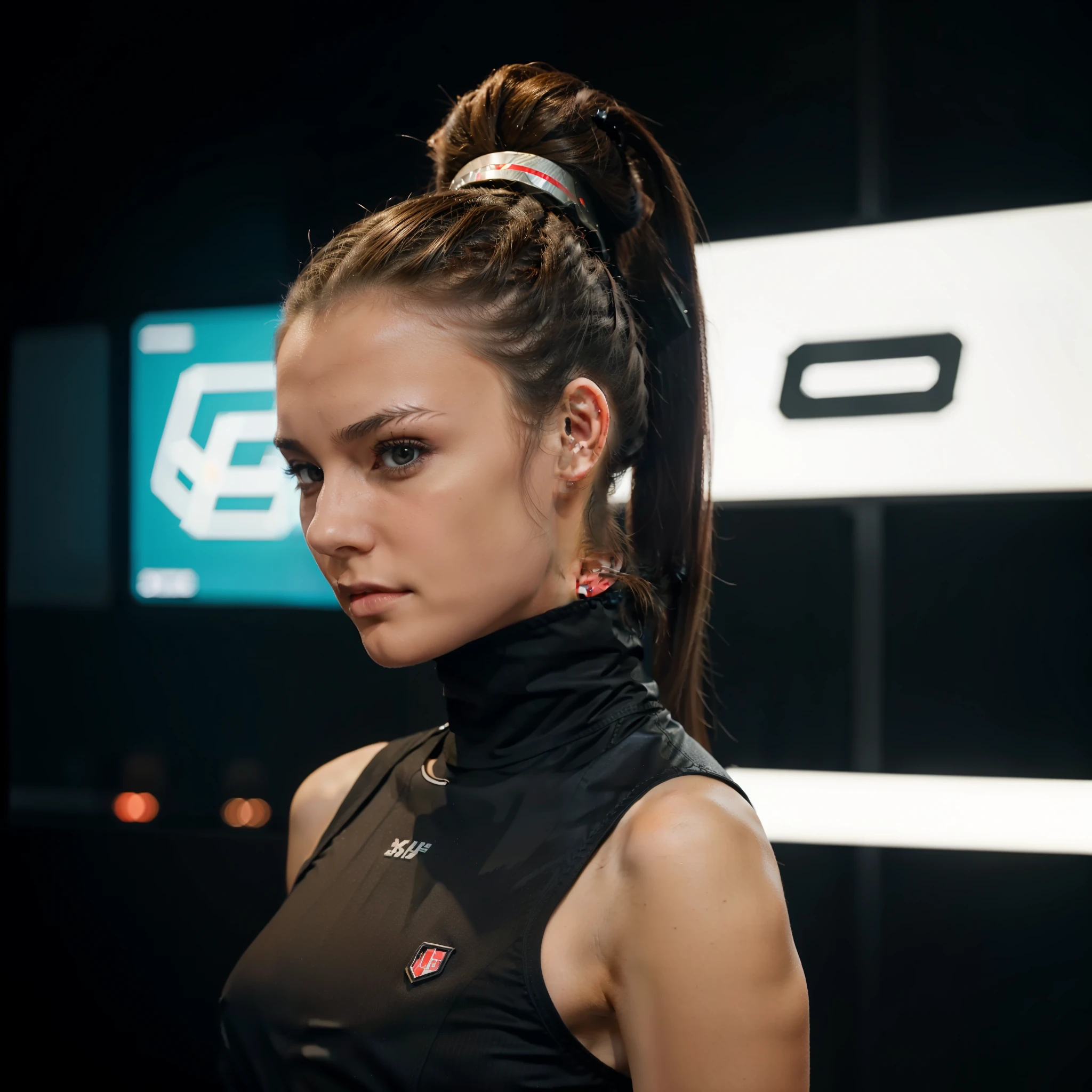 cyber girl with ponytail. Weltraumanzug. Waffe in der Hand