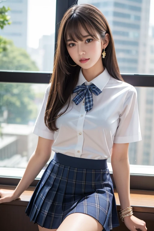 Browsing Caution, 8K Raw Photos, highest quality, masterpiece, Ultra-high resolution, Film Grain, movie, One girl, View Viewer, Natural skin texture, Realistic eye and facial details, full lips, lipstick, (compensate), Red eyeshadow, Smooth, long, straight hair, Black Hair, glimpsing, I am going to cry、clench your mouth, beautiful feetが長い,生feet、Navy Blue Uniform、Blue ribbon、Tall Woman, skinny, slim_feet, alone, Small breasts, Pose for yourself, mini skirt, teeth, Cream colored shirt, Beautiful natural place, classroom, (Detailed Background), Black patterned skirt, White shirt, Normal chest, Girls' , Show a little cleavage through the shirt, loafers, Blurred background, Blurred, Holding, Plaid, Short sleeve, JK Ribbon on the neck, JK Ribbon, Brown Hair, bracelet, water, bangs, , jewelry, parted lips, lips, From the side, Pleated skirt, Depth of written boundary
