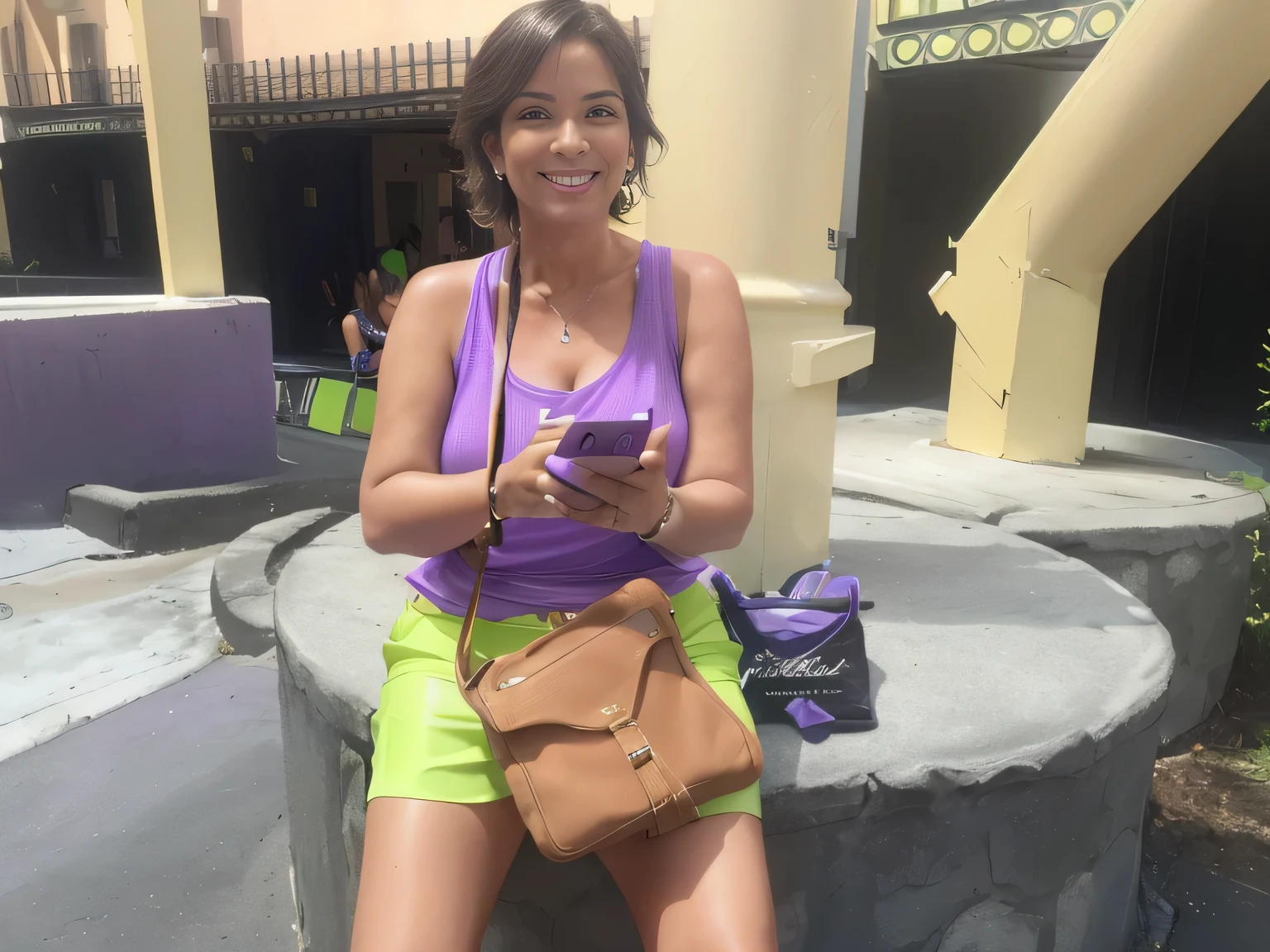 Smiling woman sitting on a cement bench using her cell phone, 45 year old woman from Brazil checking her cell phone, vacation photo, she is holding a smartphone, tourist, Deborah, mother, wearing violet t-shirt and green shorts -lemon. at Universal Studios Orlando and, at a Starback bar, in Orlando, USA, profile image, USA - September 16, having fun, taken in early 2016, having a great time, 45 year old woman.
The woman is wearing a tank top ((((violet tank top)))) and lime green shorts ((((lime green shorts)))), very tight and very short.
A beautiful Brazilian woman, with white skin, dark brown hair. She is about 45 years old, 165 cm tall and weighs 56 kg. Shaped legs, perfect legs, toned legs, perfect mouth, medium breasts, perfect face. Her body exudes glamor and her face is a definition of beauty. Slender body, thin waist. Highly realistic, hyperrealism, very elaborate skin. Clear photo, high resolution, high quality, masterpiece, 16K photo, high contrast, masterpiece, NUDE, NUDITY, NFSW.