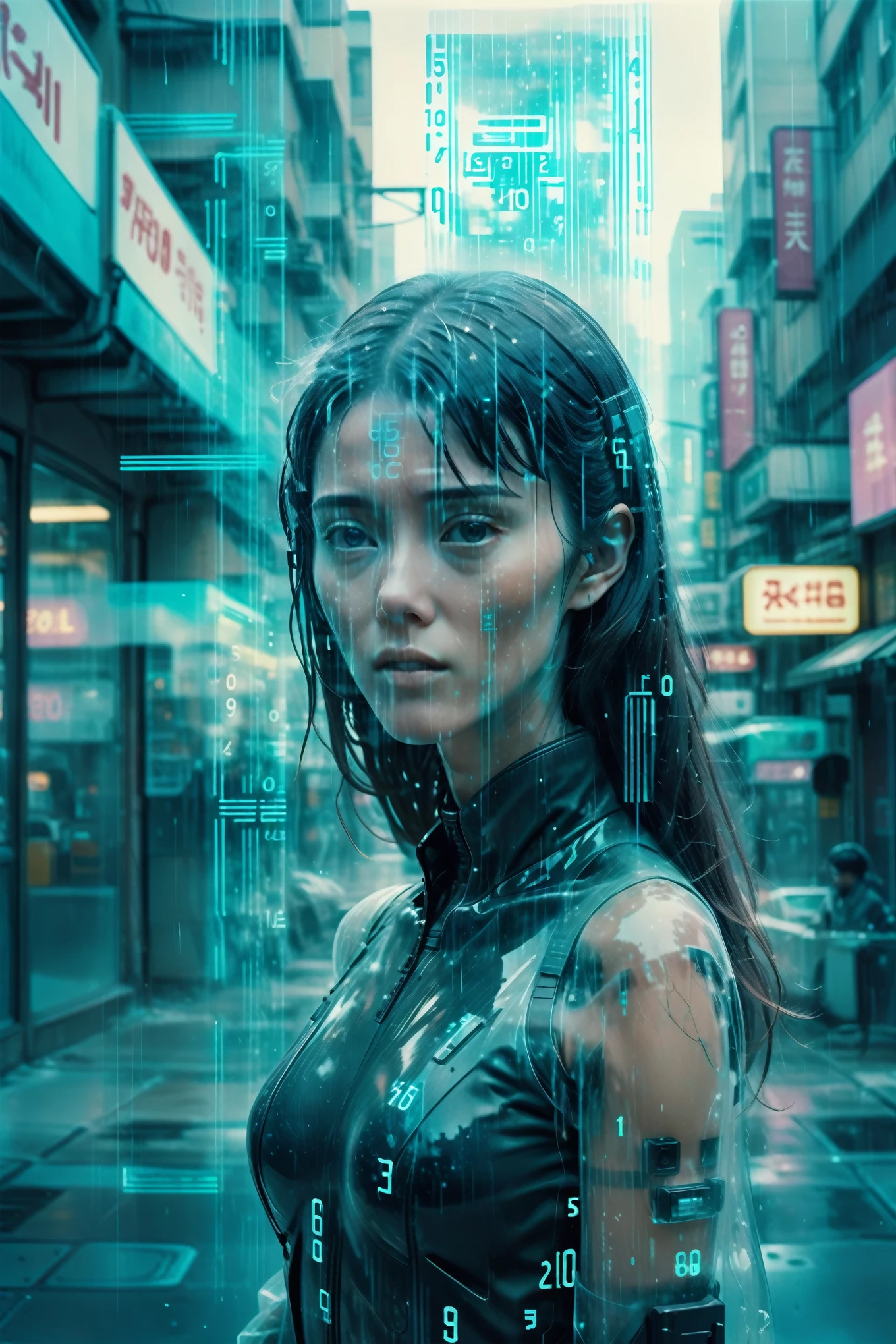 polaroid photograph, film grain,  (cyberpunk:1.3), neo-noir, astonished, (dissolving:1.3), (disintegrating:1.3), (vanishing:1.3)
A poignant moment as a virtual hologram humanoid [European|Korean] girlfriend bids farewell to the real world, her (cyan:0.8) appearance is (transparent:1.3) (fading:1.3) (digital dissolving:1.3) into (streams of code:1.3). 
The background is (digital numbers:1.3)