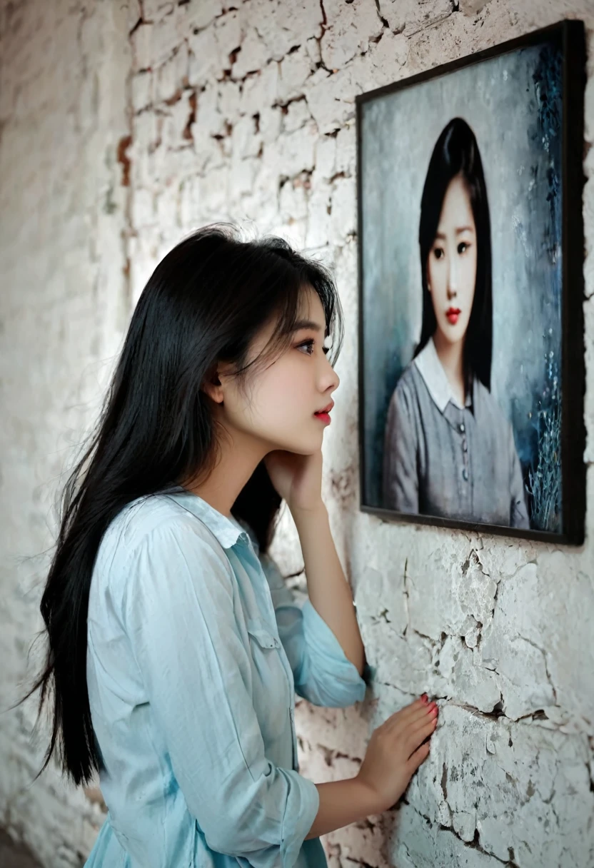 a girl longing for a lover who gone away, she sadly look at the picture on the wall