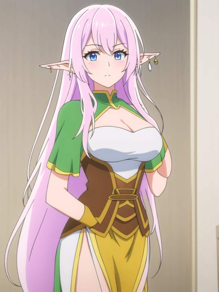 (((Best quality))),((Ultra-detailed)),((illustration)),((Disheveled hair)),((frilld)),(1 girl),
1girl , bangs , blue eyes , blurry , blurry background , blurry foreground , breasts , cleavage , cleavage cutout , closed mouth , clothing cutout , cross earrings , depth of field , dress , ear piercing , earrings , elf , eyebrows visible through hair , hair between eyes , hoop earrings , indoors , jewelry , long hair , long pointy ears , looking at viewer , medium breasts , multiple earrings , piercing , LavenderBlush hair , pointy ears , short sleeves , single earring , solo , standing , star earrings , stud earrings triforce , upper body , very long hair ,