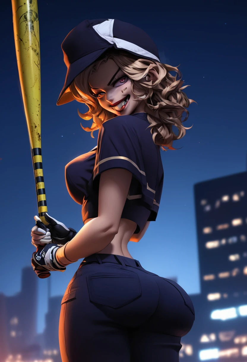 1girl, medium breasts, batting stance, baseball bat, from side, cowboy shot, looking down, evil mean grin, night cityscape, closed mouth, masterpiece, best quality, very aesthetic, absurdres