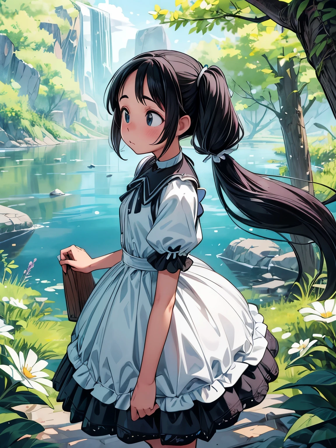 (masterpiece、highest quality、highest quality、Official Art、Beautiful and beautiful:1.2)、(One girl:1.3)Hatsune Miku、Twin tails,Beautiful breasts,(Tabletop:1.2), (highest quality:1.2), Perfect Eyes, Perfect Face, Perfect lighting, One Girl, Mature woman gosgar standing hand in front of her, Long Hair, Complex hairstyles, compensate, Black Lips, Thick eyelashes, sad, dark, Dressed in a Gosgar costume, Black and white dress, Frills, ribbon, Puffy sleeves, Exposing shoulders, Lace choker, jewelry, peaceful, Shhhh, Chill, Detailed outdoor background, Beautiful views, Fantasy, summer, sunny, Sunburn, Flowers, wood