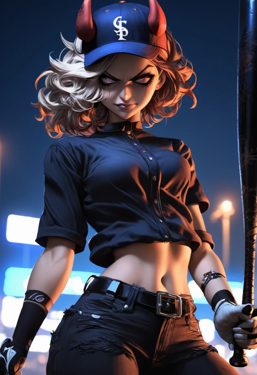 1girl, medium breasts, batting stance, baseball bat, from side, cowboy shot, looking down, evil mean grin, night cityscape, closed mouth, masterpiece, best quality, very aesthetic, absurdres