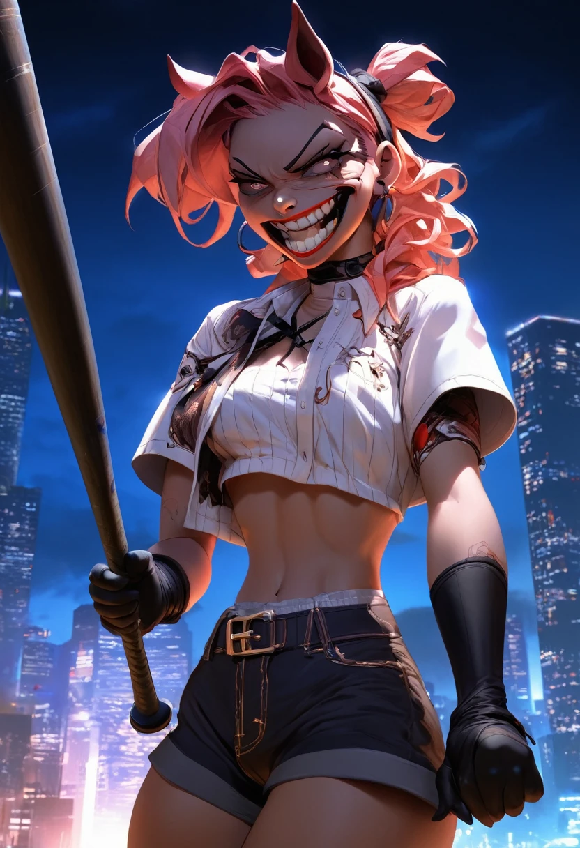 1girl, medium breasts, batting stance, baseball bat, from side, cowboy shot, looking down, evil mean grin, night cityscape, closed mouth, masterpiece, best quality, very aesthetic, absurdres