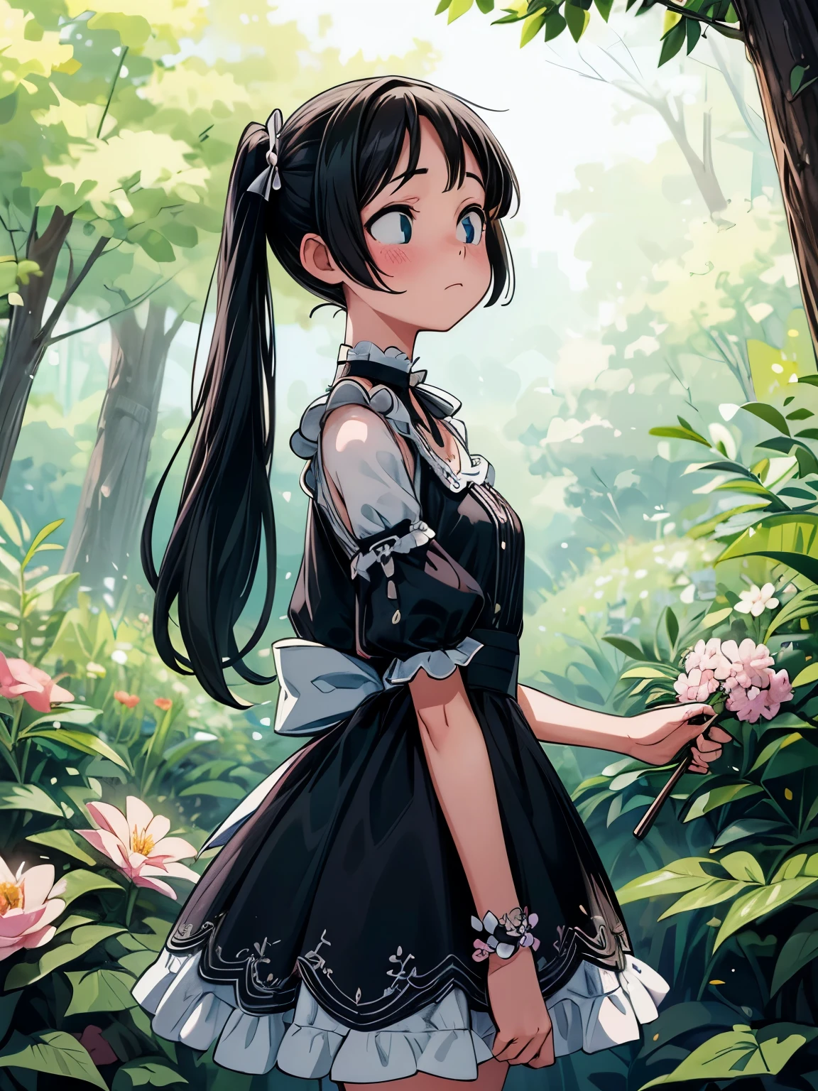 (masterpiece、highest quality、highest quality、Official Art、Beautiful and beautiful:1.2)、(One girl:1.3)Hatsune Miku、Twin tails,Beautiful breasts,(Tabletop:1.2), (highest quality:1.2), Perfect Eyes, Perfect Face, Perfect lighting, One Girl, Mature woman gosgar standing hand in front of her, Long Hair, Complex hairstyles, compensate, Black Lips, Thick eyelashes, sad, dark, Dressed in a Gosgar costume, Black and white dress, Frills, ribbon, Puffy sleeves, Exposing shoulders, Lace choker, jewelry, peaceful, Shhhh, Chill, Detailed outdoor background, Beautiful views, Fantasy, summer, sunny, Sunburn, Flowers, wood