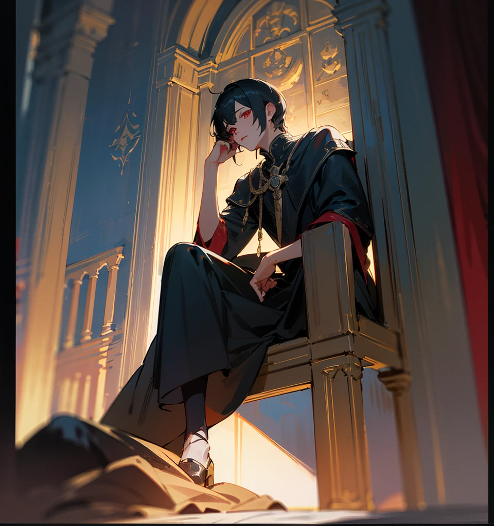8k, RAW photo, Fujifilm, style photo of a man in a castle sitting on a throne (highly detailed skin: 1.2) dark black hair and red eyes, black clothes, 35mm, Epic style